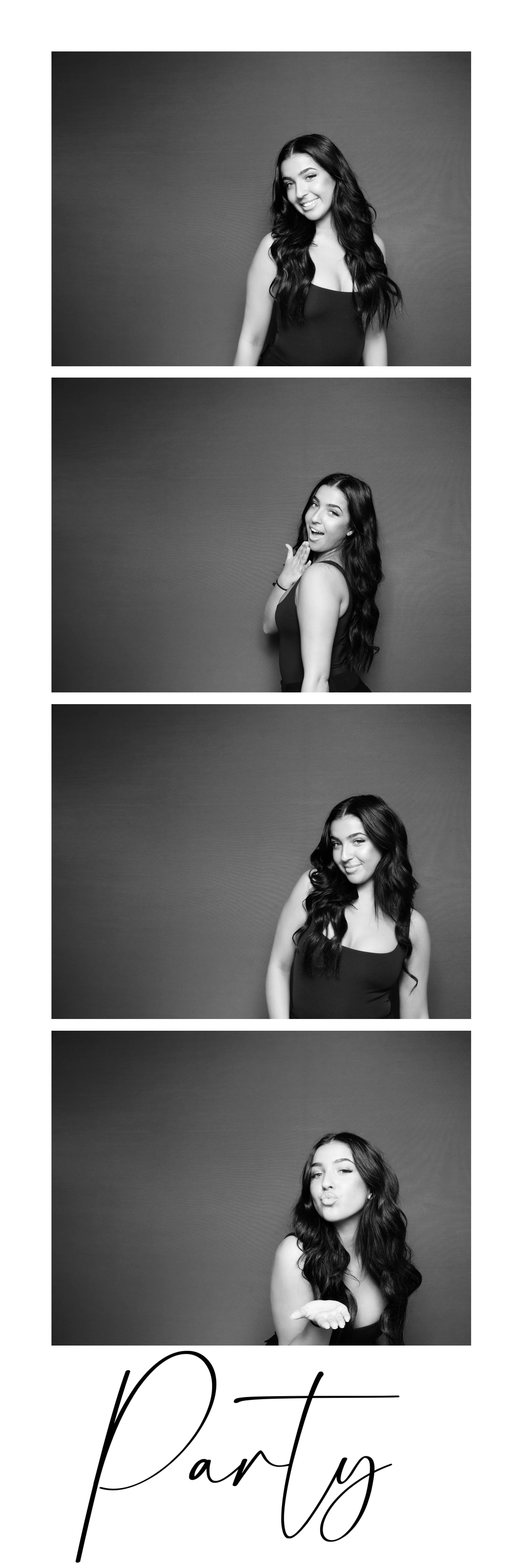 A four-panel black-and-white photo booth strip of a young woman with long dark wavy hair, wearing a sleeveless black top, posing with different facial expressions. The strip ends with the word ''Party'' written in elegant script.