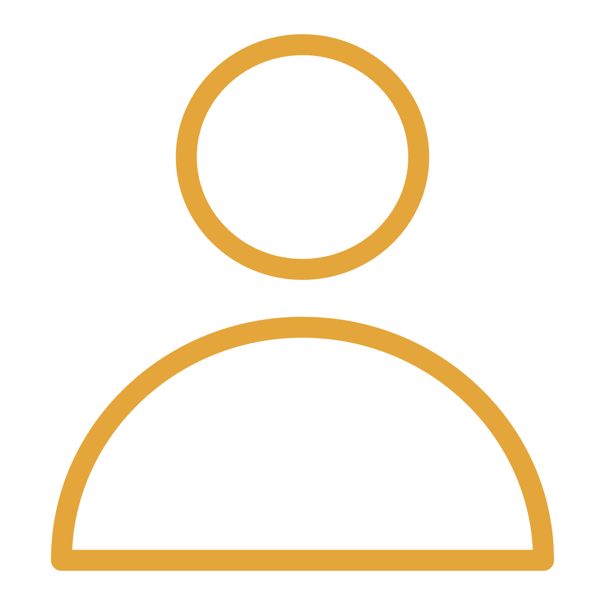 Icon of a person with a circle for a head and a curved line for shoulders in gold color on a black background.