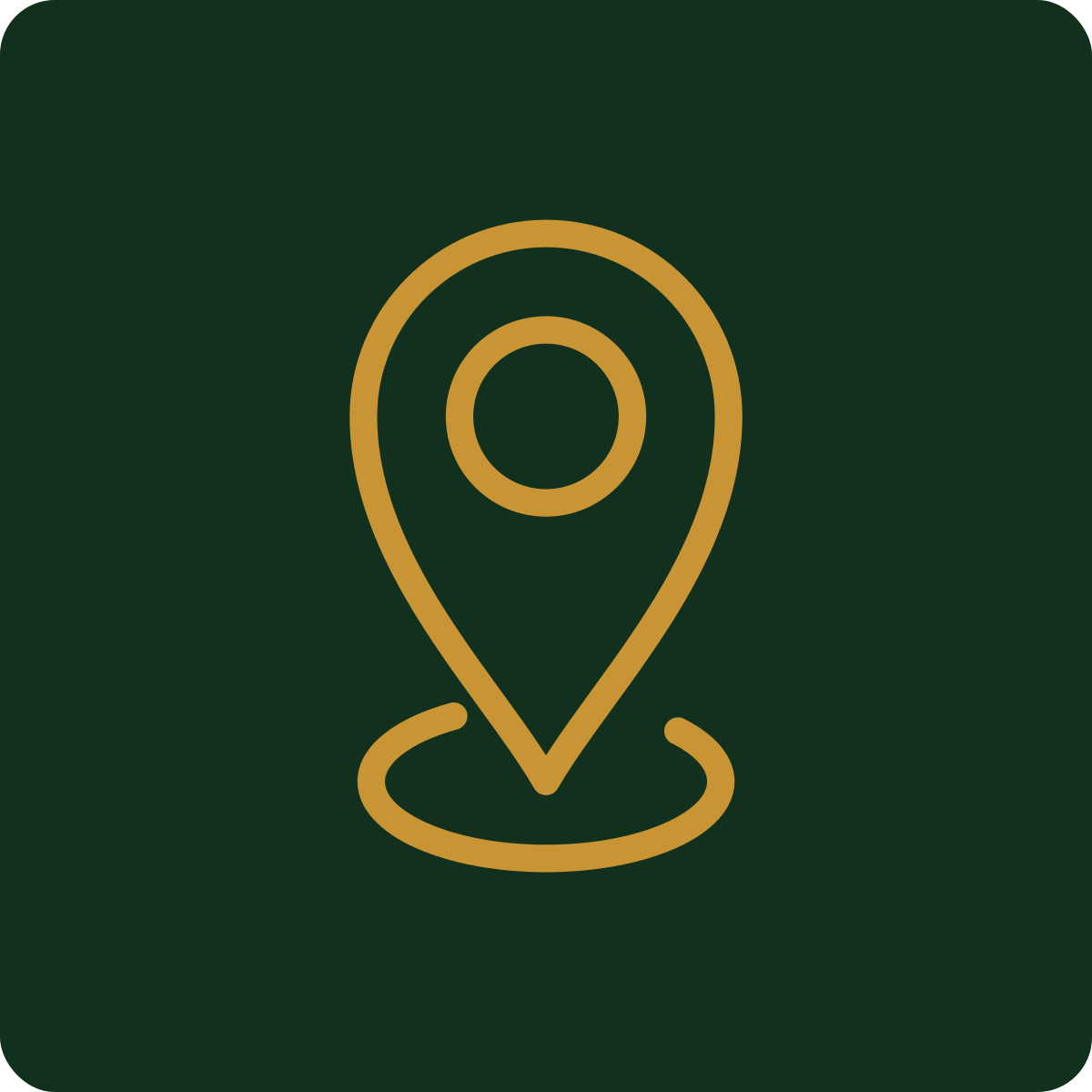 Gold location pin icon on a dark green background.