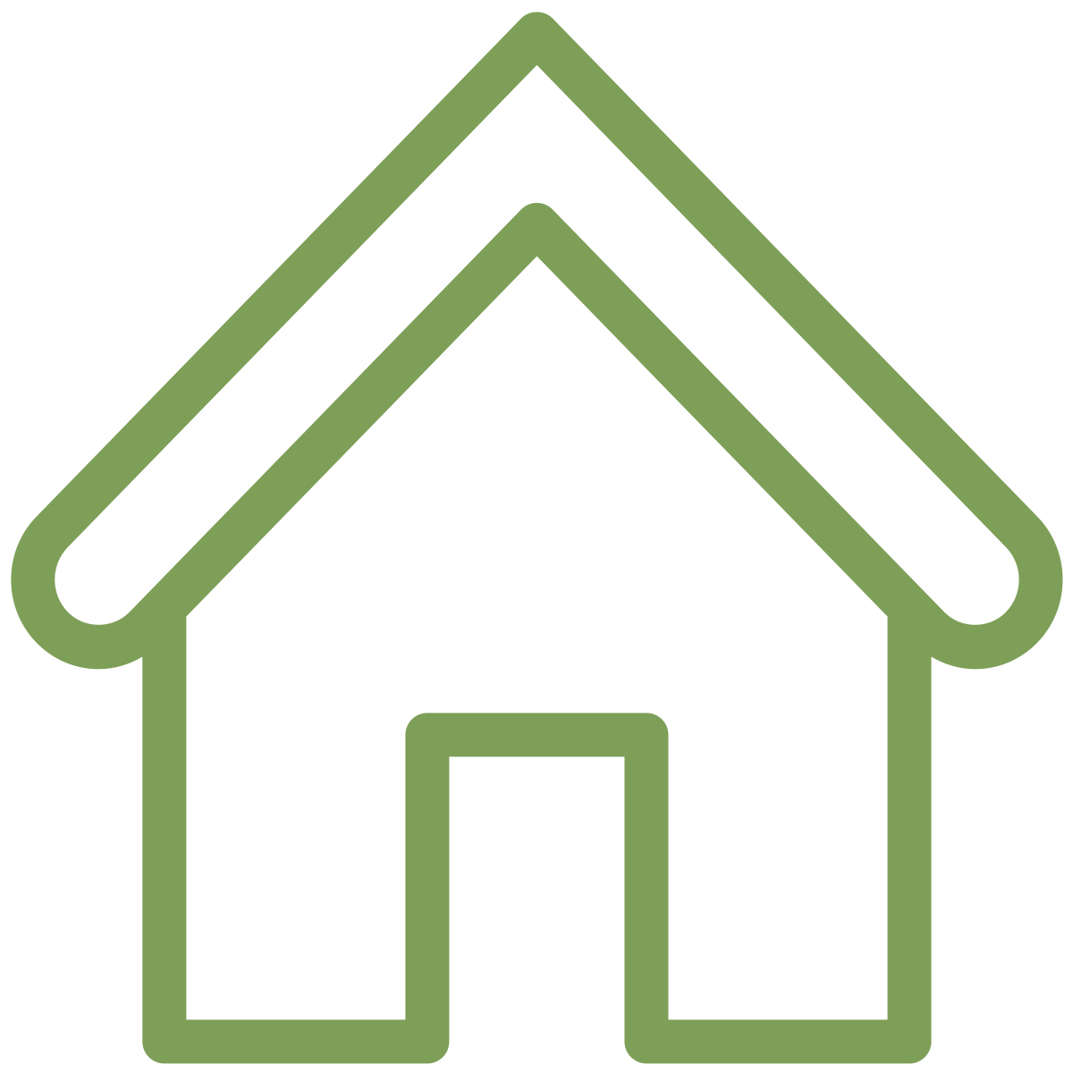 Green outline icon of a house with a door and a roof.