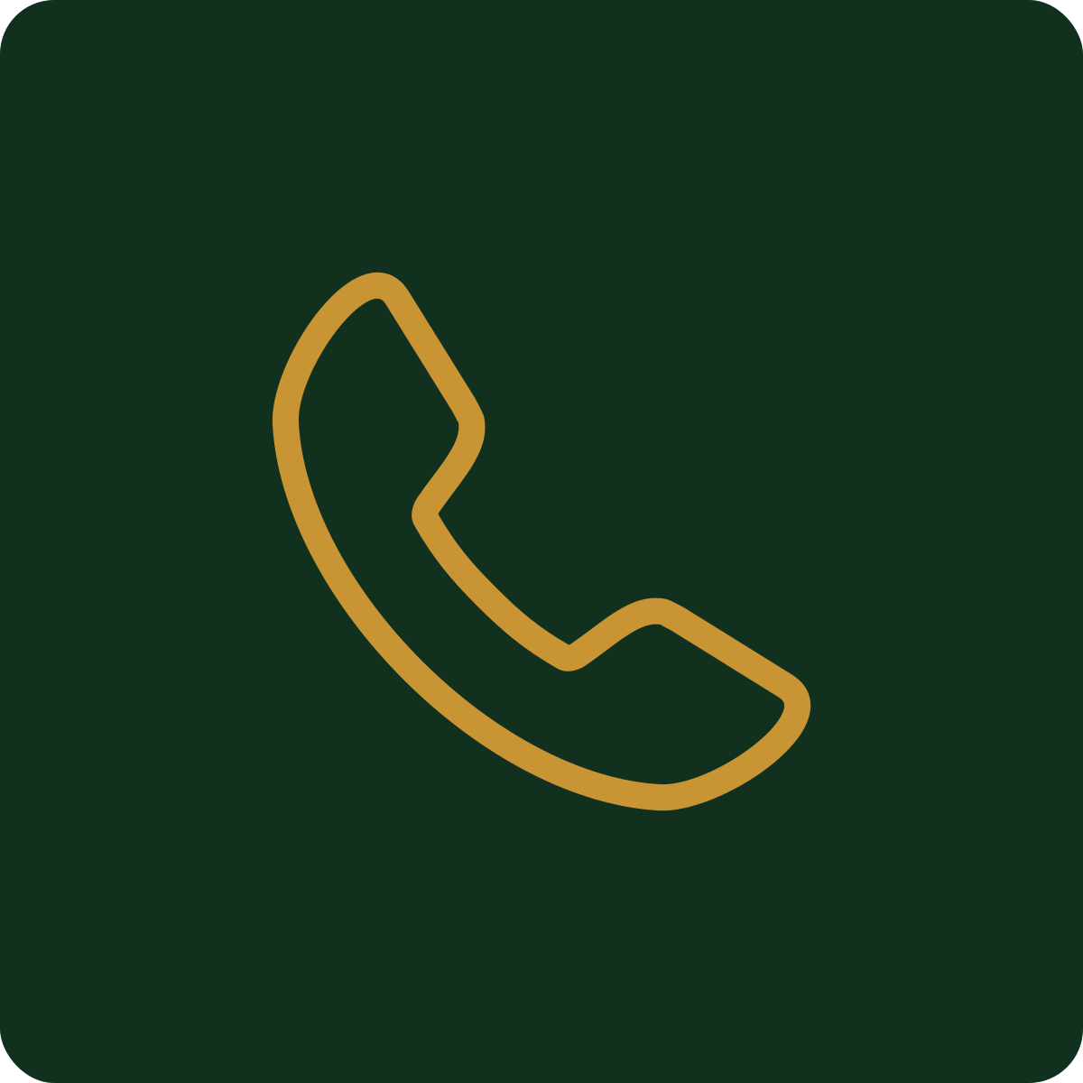 Icon of a telephone receiver outlined in gold on a dark green background.