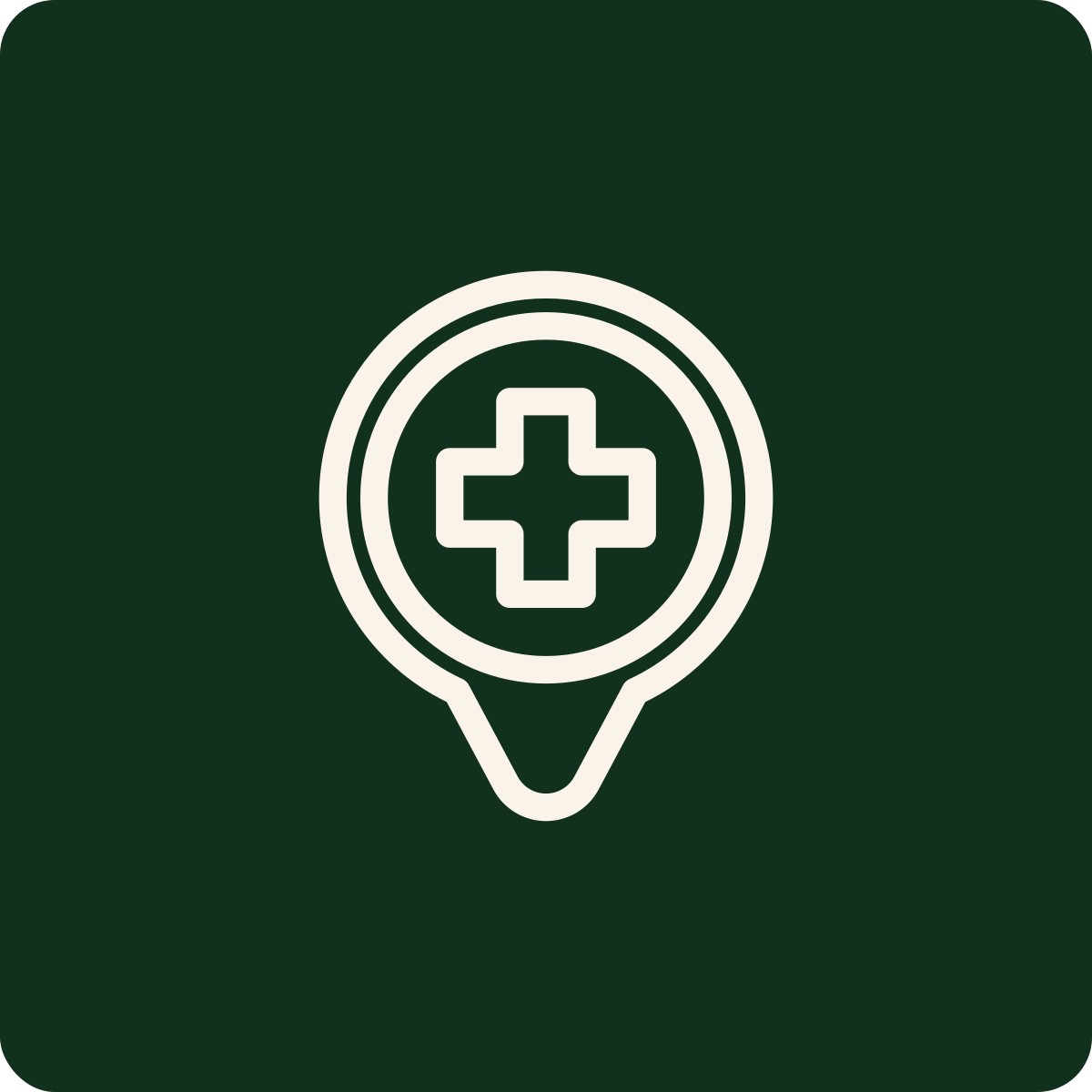Medical location icon with a green background, featuring a white cross inside a location pin marker.