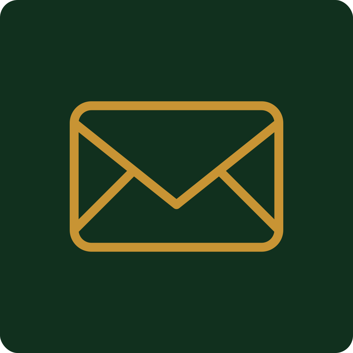 Gold outline envelope icon on a dark green background.