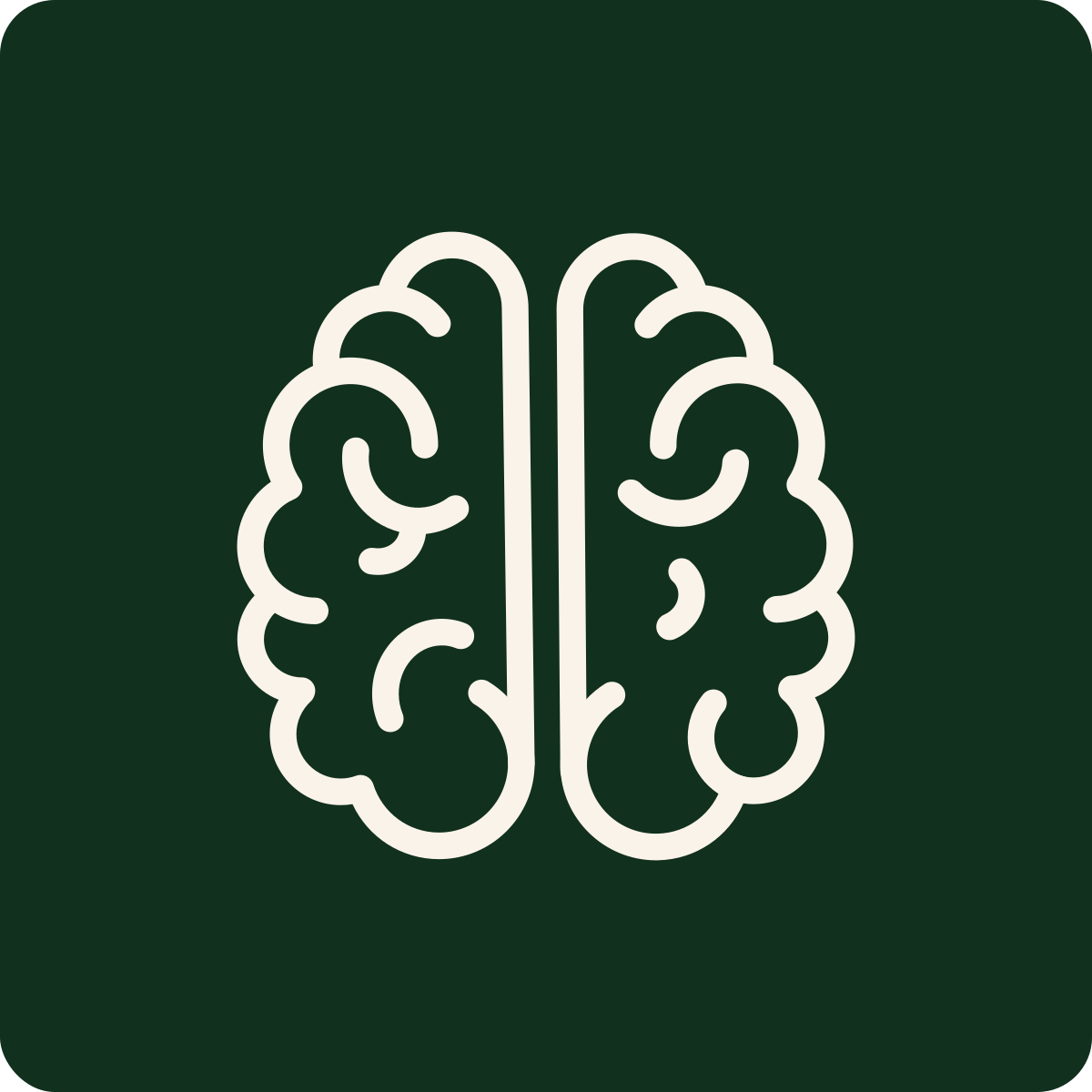Simplified outline of a brain icon on a dark green background.