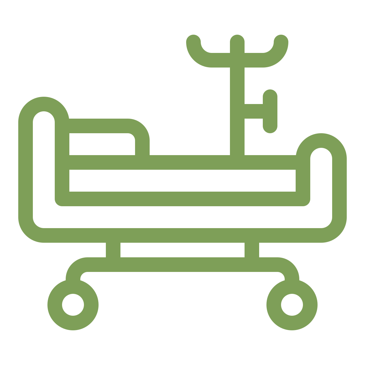 A simple green outline illustration of a hospital bed with a crane or hoist above it for patient lifting.