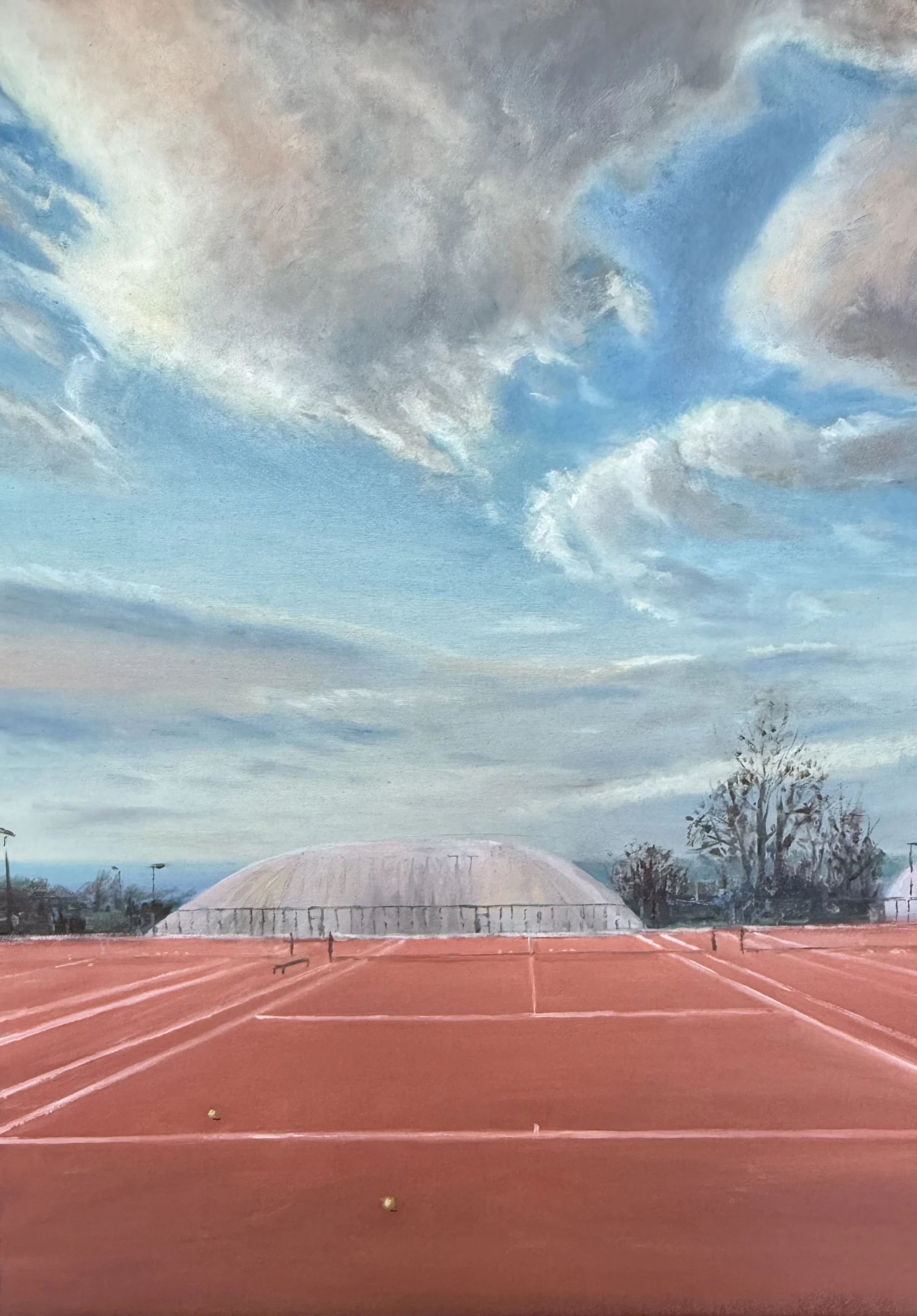 Court 16 in Winter, an original oil painting by Maria Raskina of red tennis courts beneath a dramatic winter sky