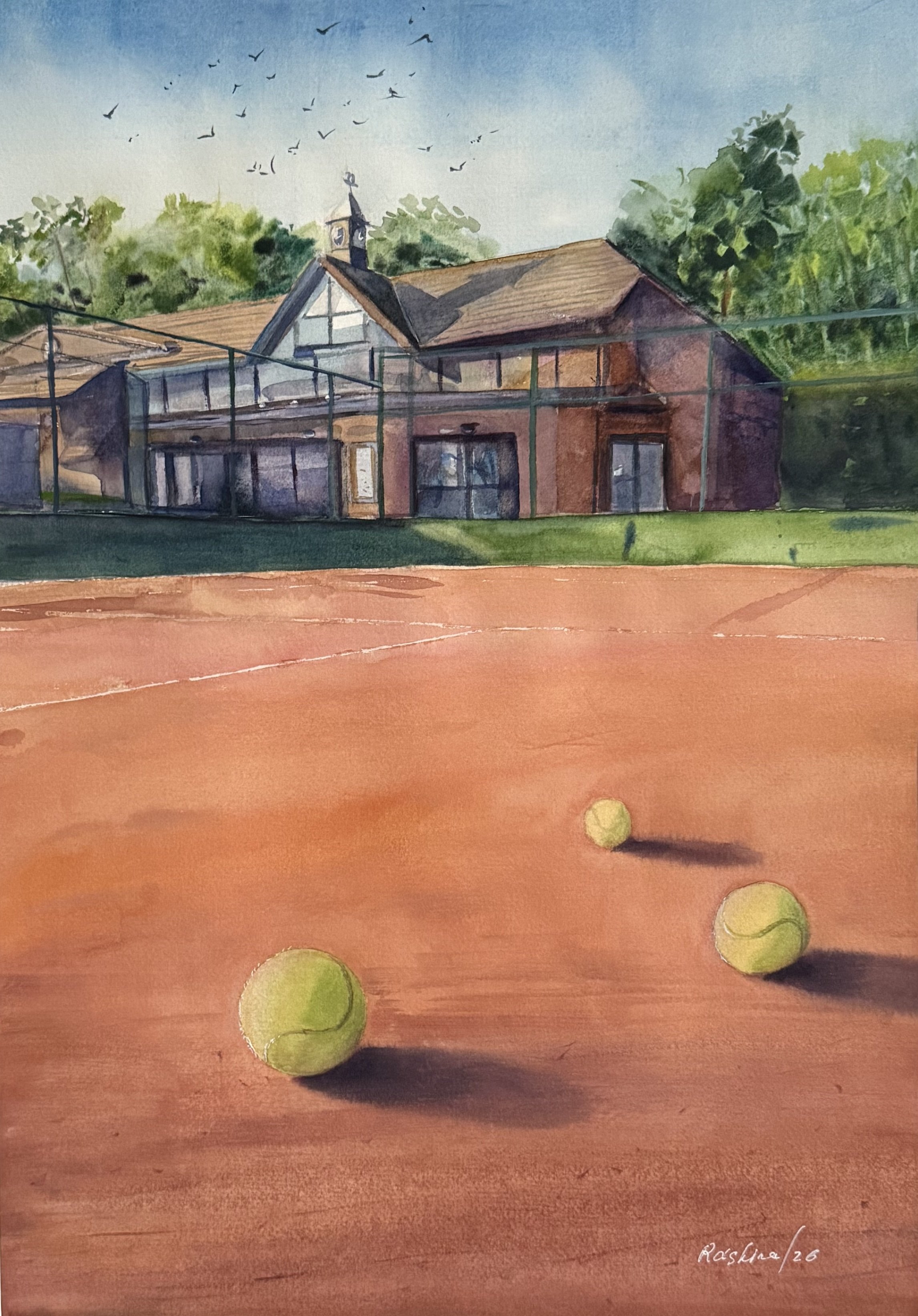 The HLTC watercolour by Maria Raskina showing the clubhouse and clay courts at Harpenden Lawn Tennis Club