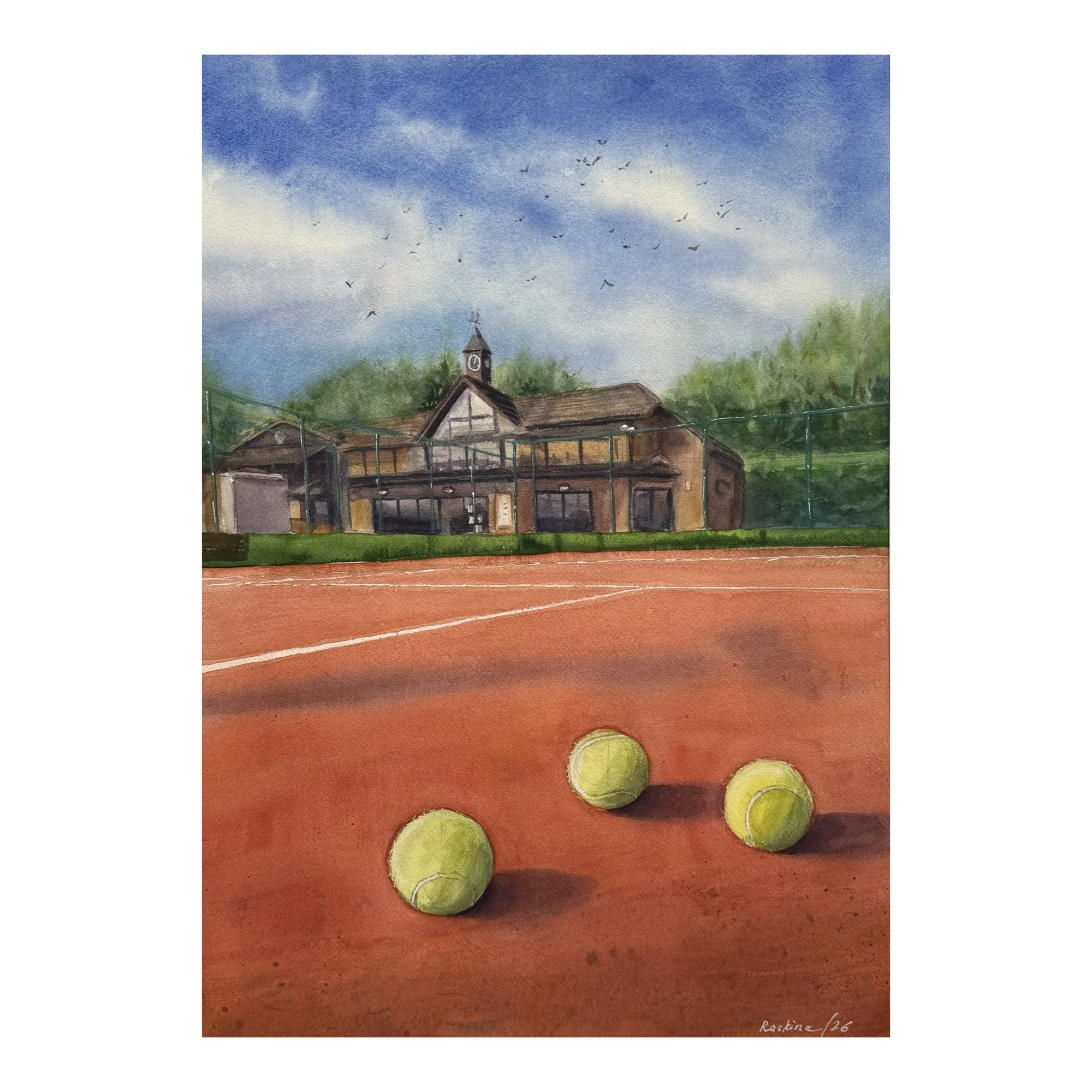 Watercolour of the Harpenden Lawn Tennis Club clubhouse and clay courts beneath a bright blue sky