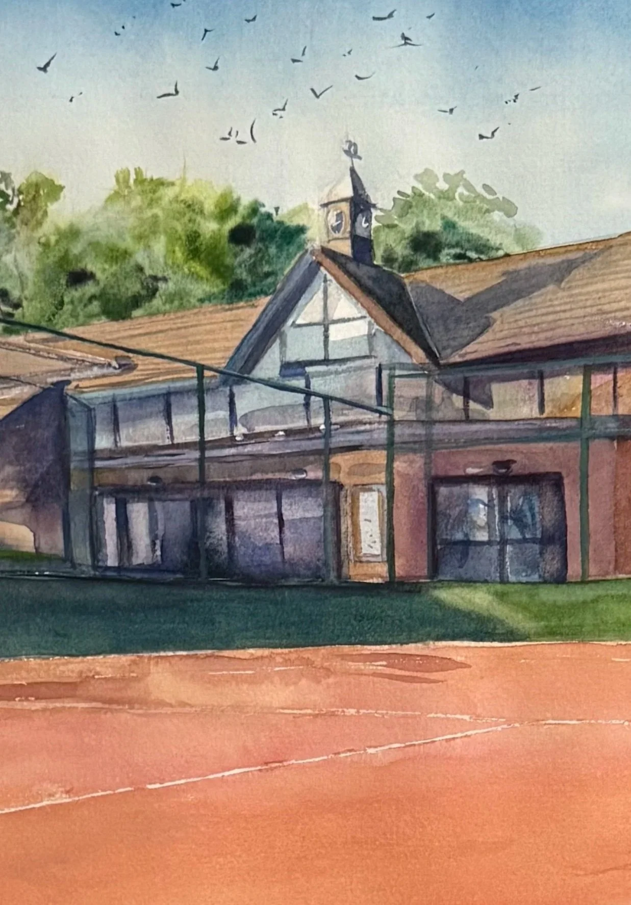 Detail of birds and blue sky above the clubhouse in The HLTC
