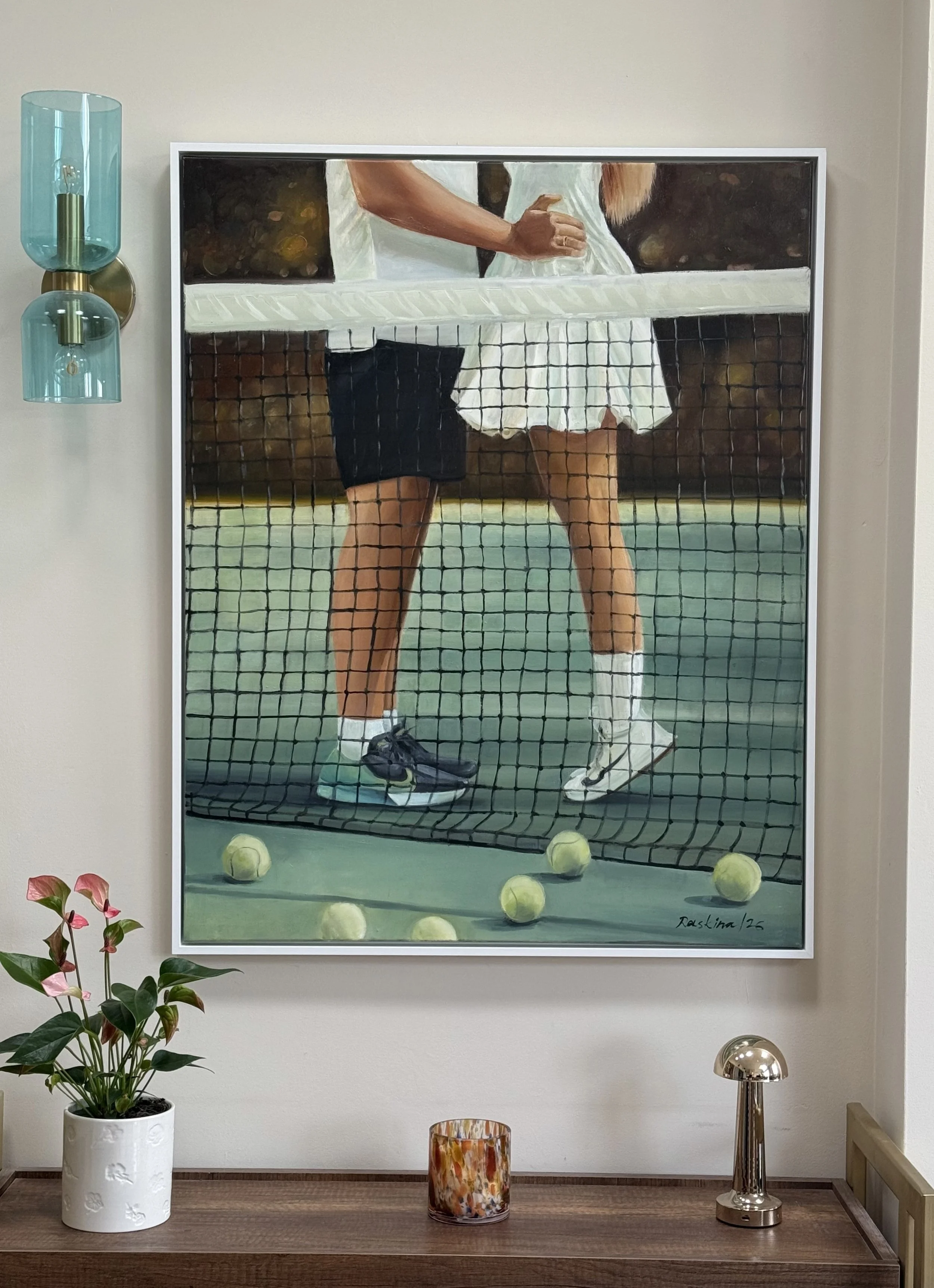 Framed A Shared Moment tennis painting displayed on a wall