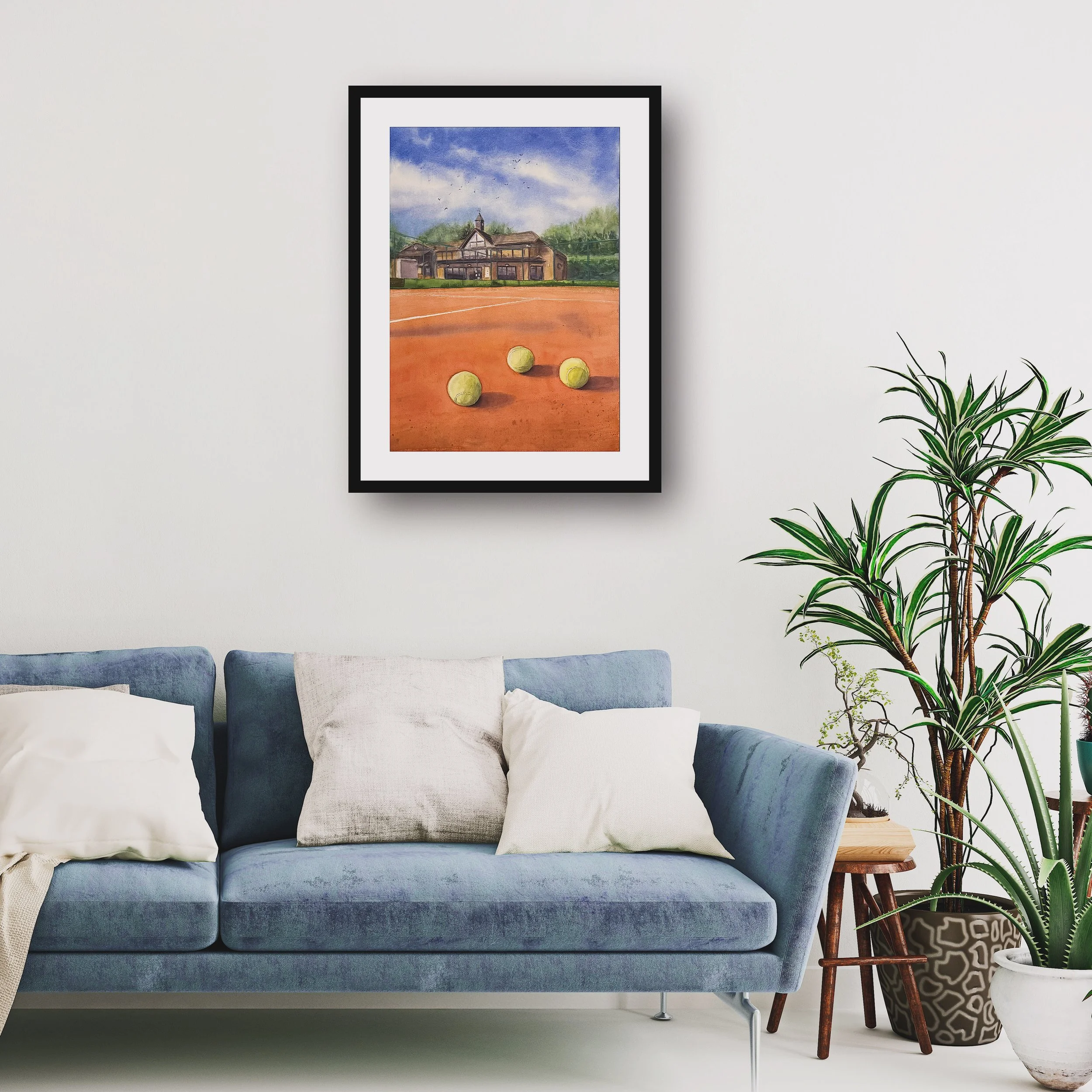 Framed HLTC Clubhouse under Blue Sky watercolour painting displayed in a modern interior