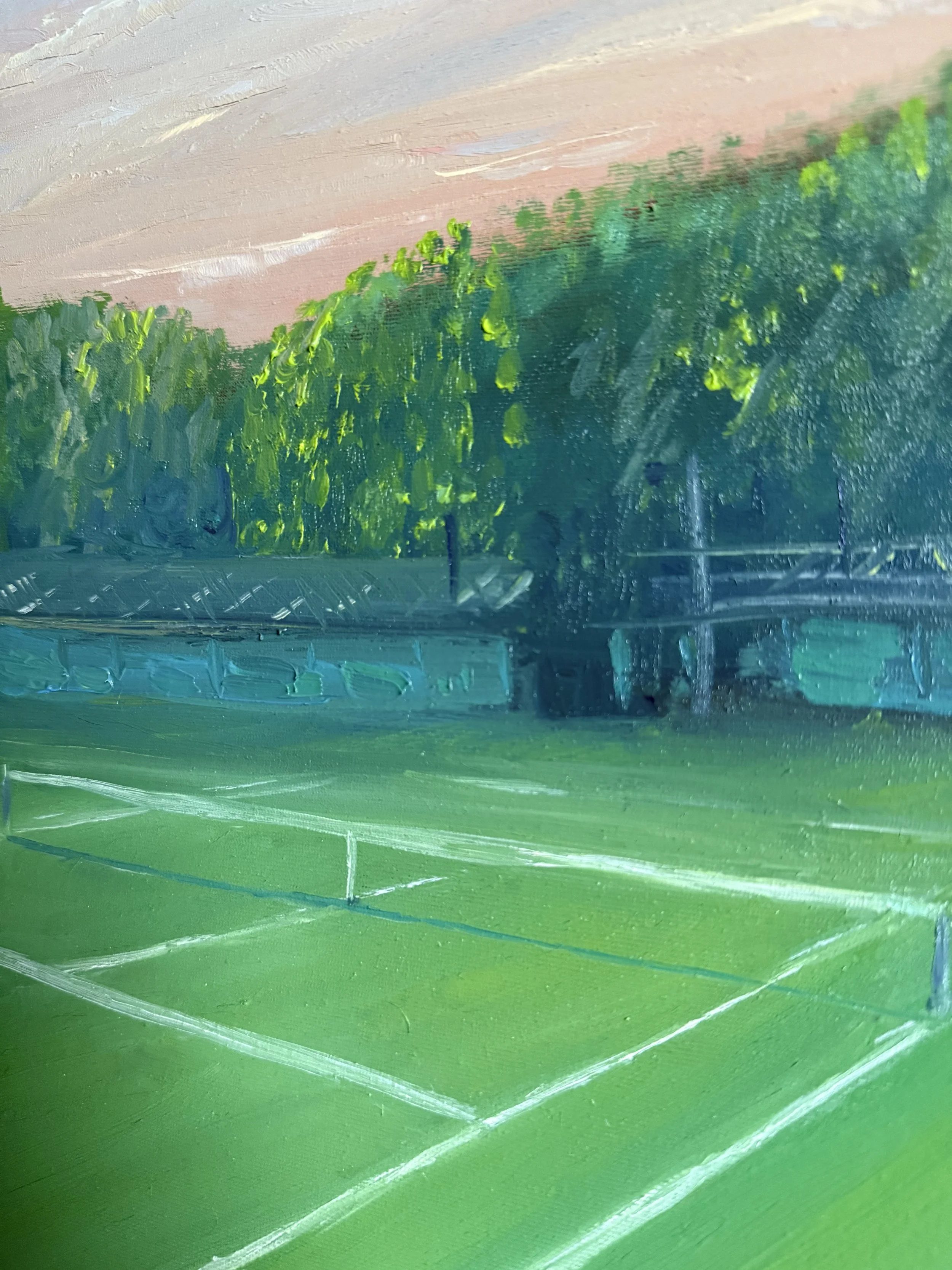 Detail of Maria Raskina’s Court 4 painting showing the tennis court, trees and back wall