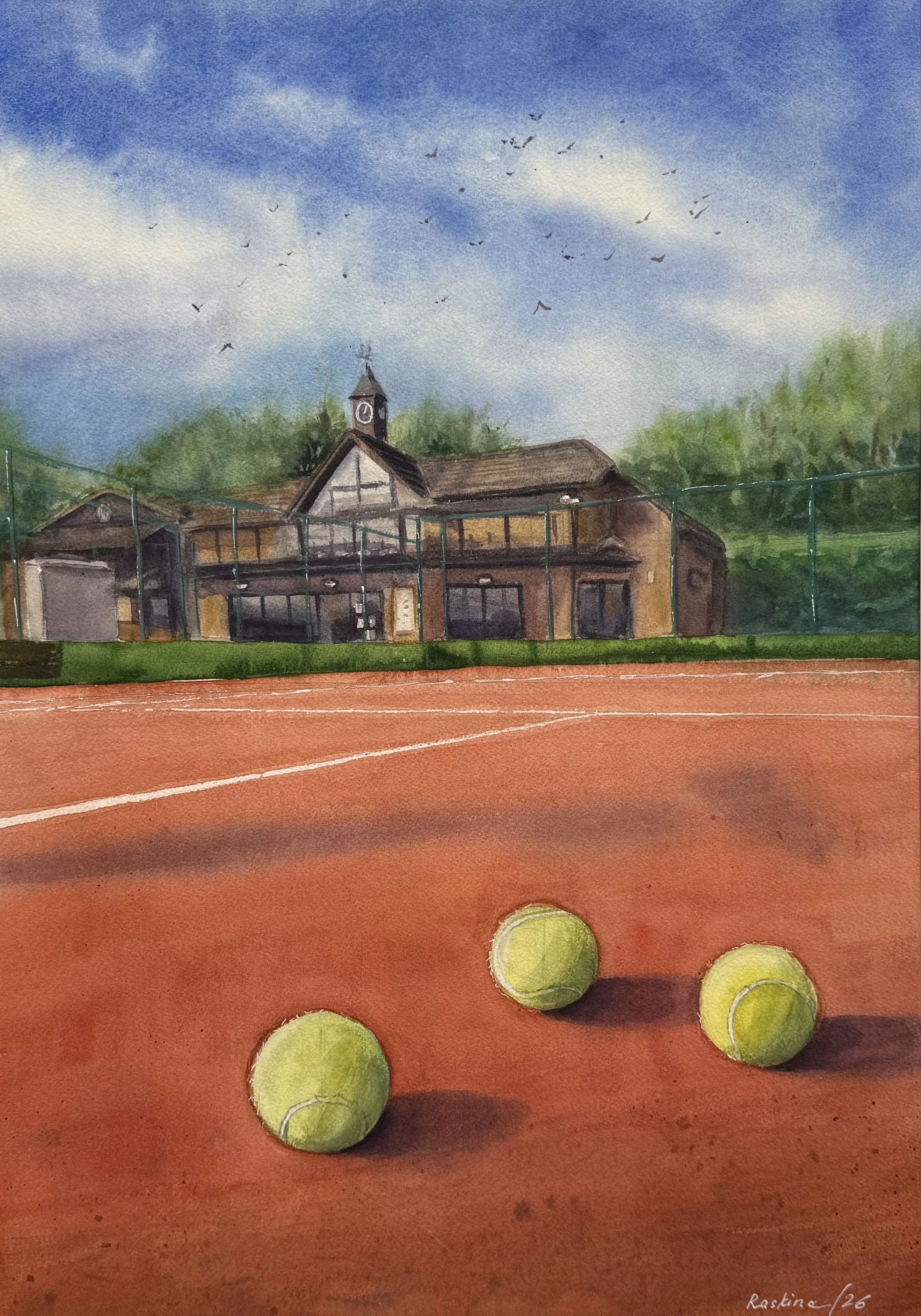 HLTC Clubhouse under Blue Sky, watercolour by Maria Raskina of the clubhouse and clay courts