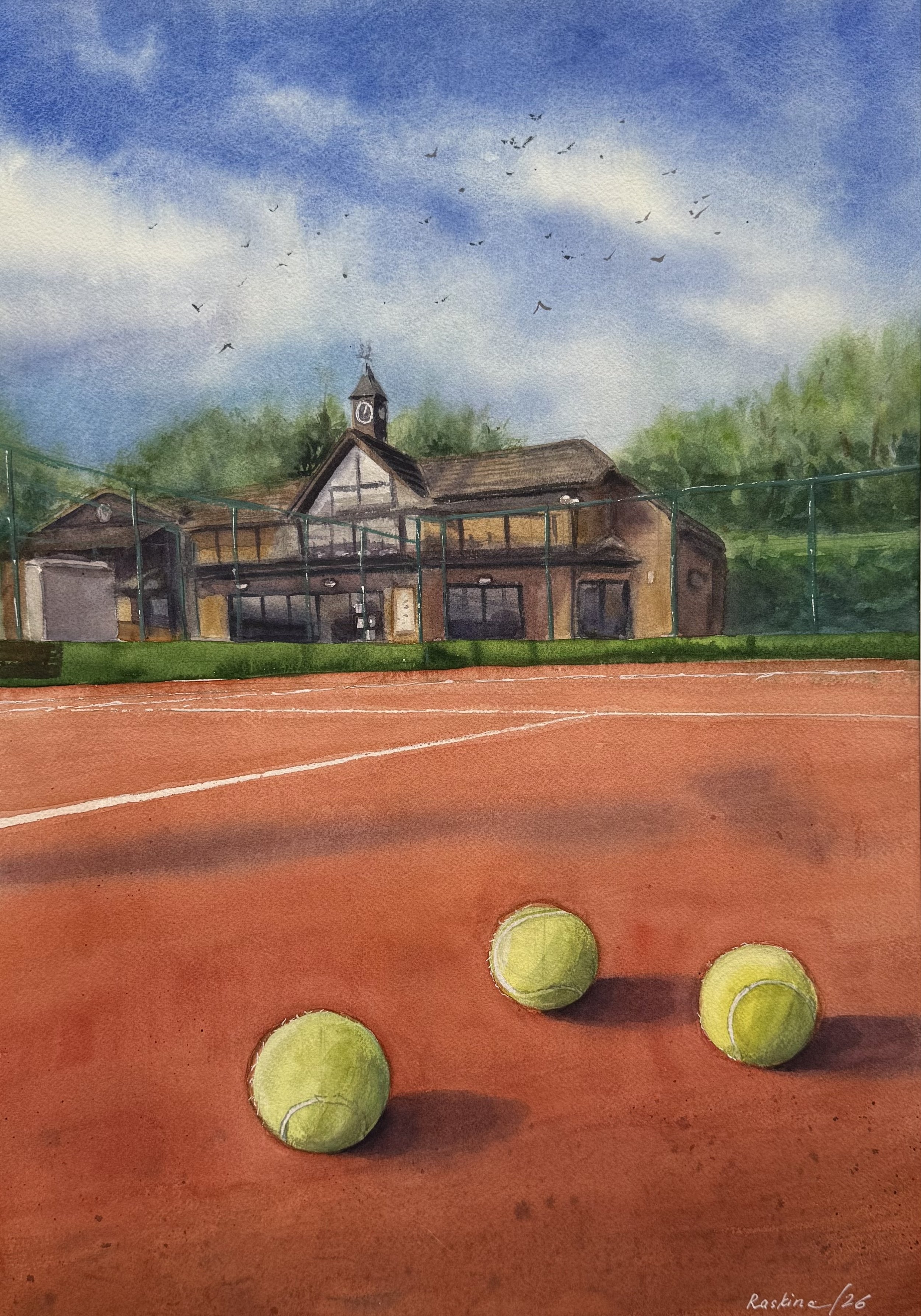 HLTC Clubhouse under Blue Sky, watercolour by Maria Raskina of the clubhouse and clay courts