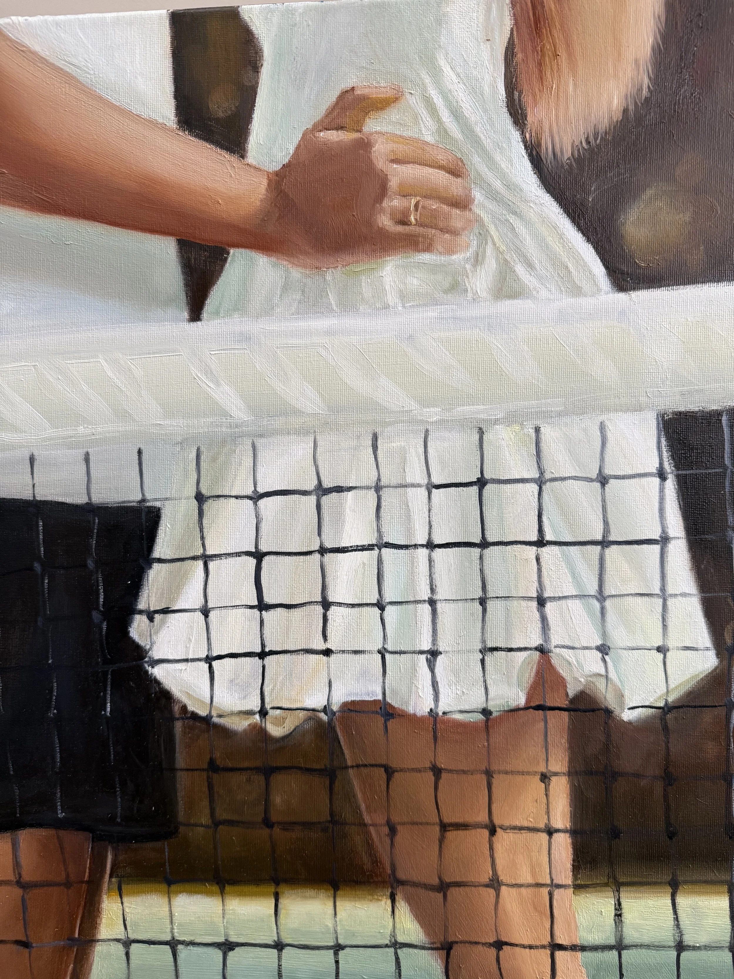 Detail of A Shared Moment showing two tennis players embracing above the net