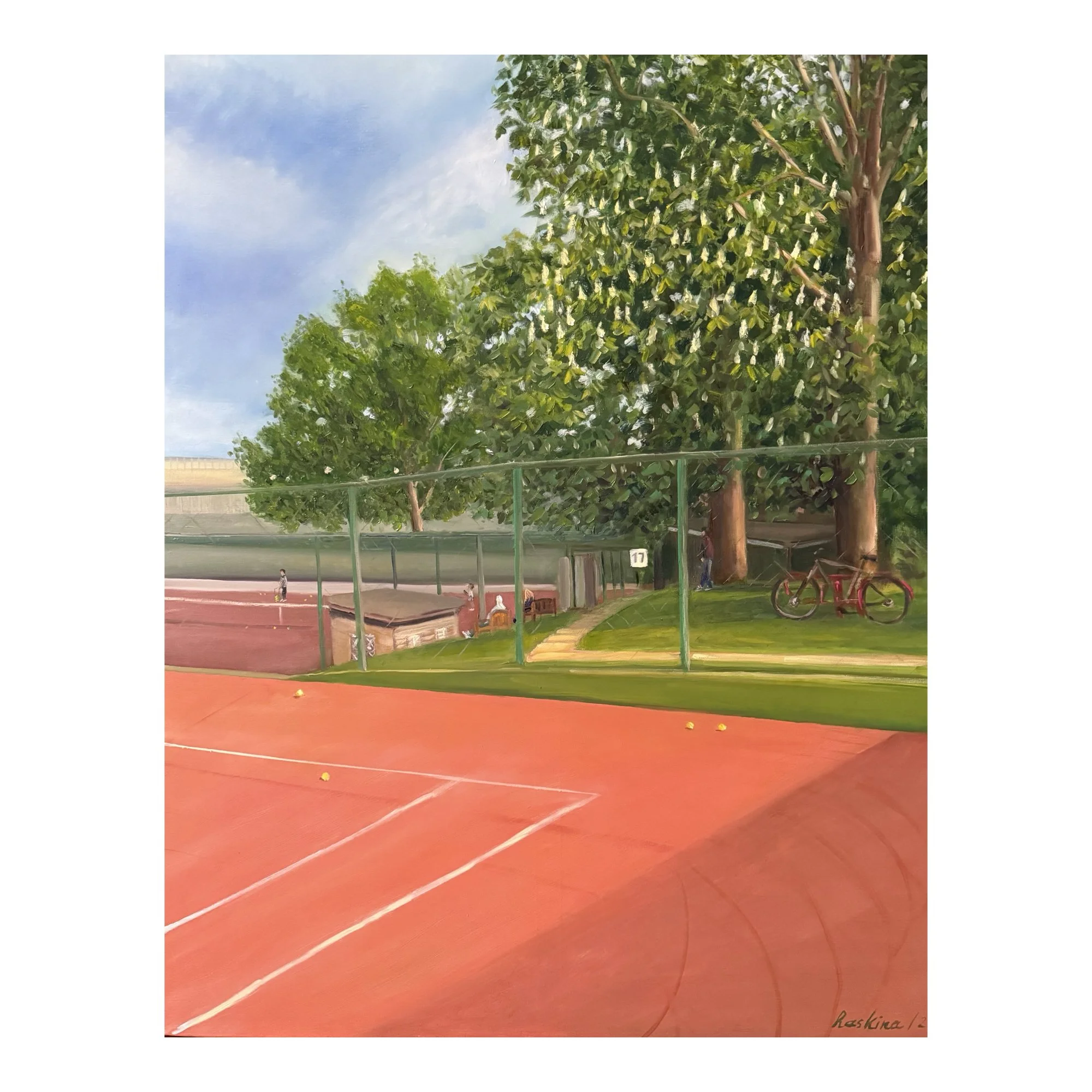 Court 17 in May oil painting showing a clay tennis court beneath flowering chestnut trees