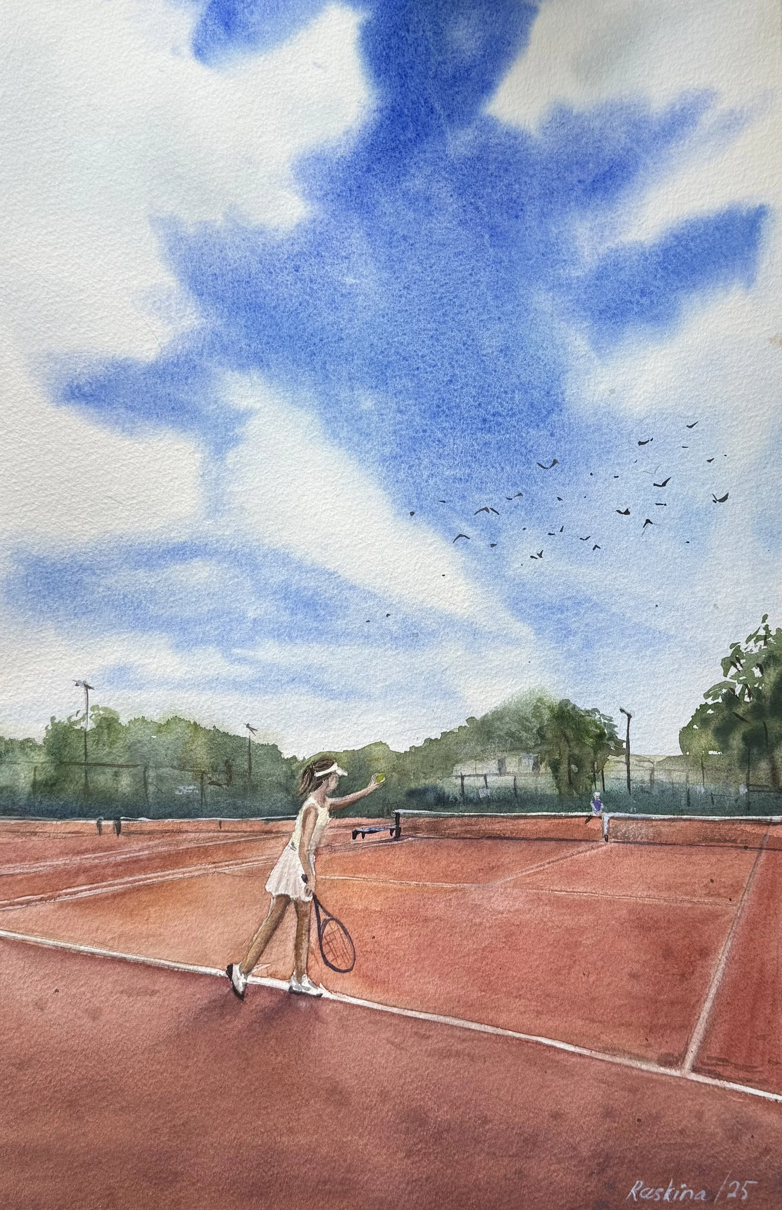 Before the Serve, original watercolour by Maria Raskina of a female tennis player preparing to serve on a clay court