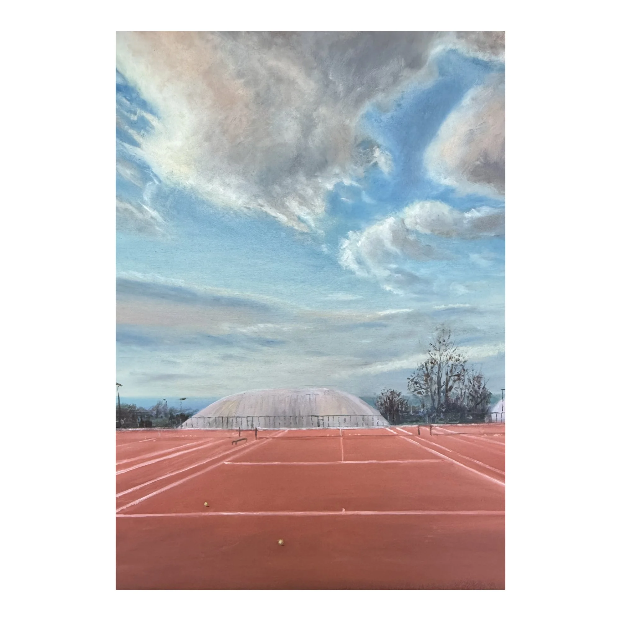 Court 16 in Winter oil painting showing red clay courts beneath an expressive winter sky