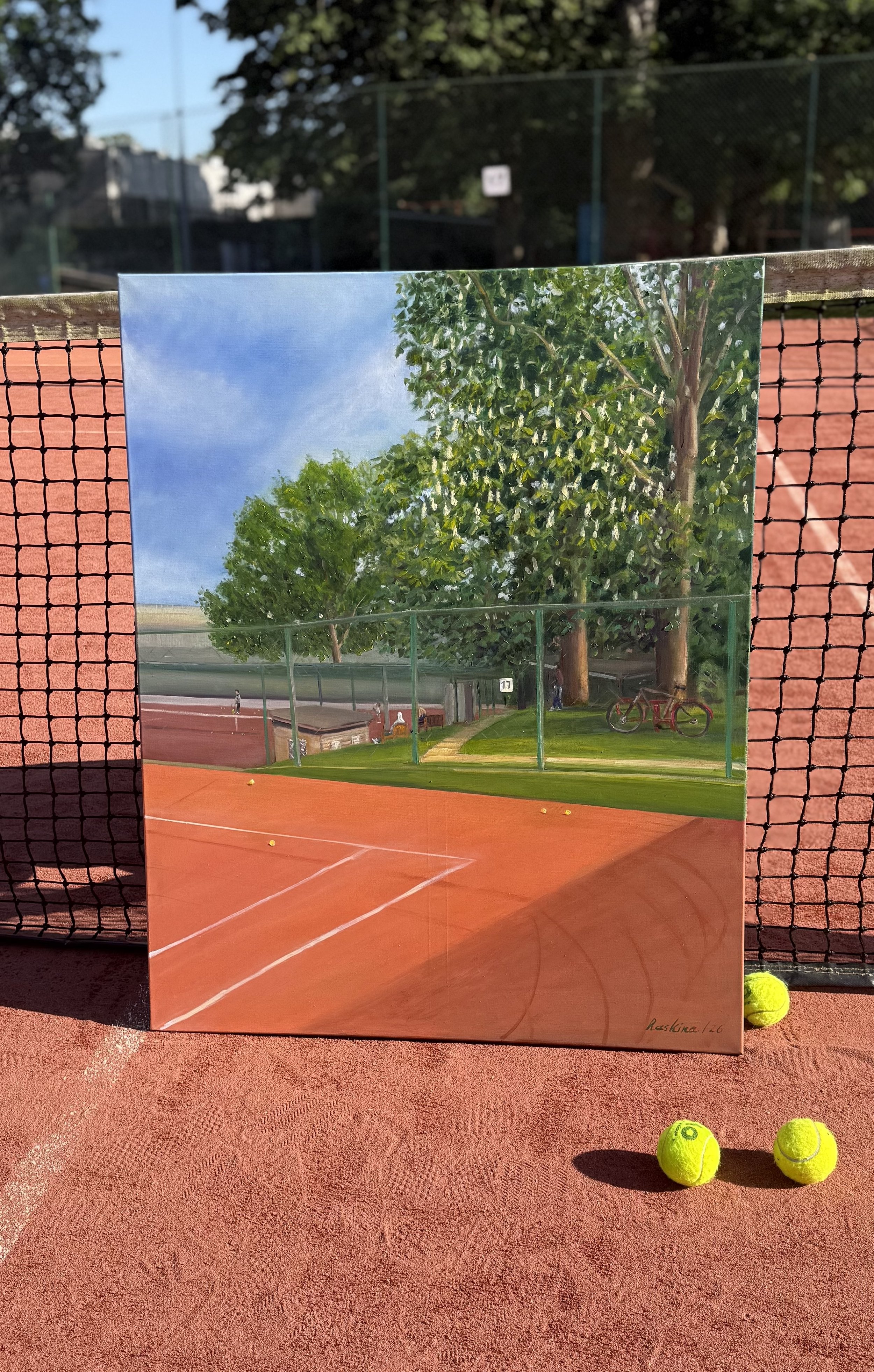 Court 17 in May oil painting photographed on Harpenden Lawn Tennis Club Court 17