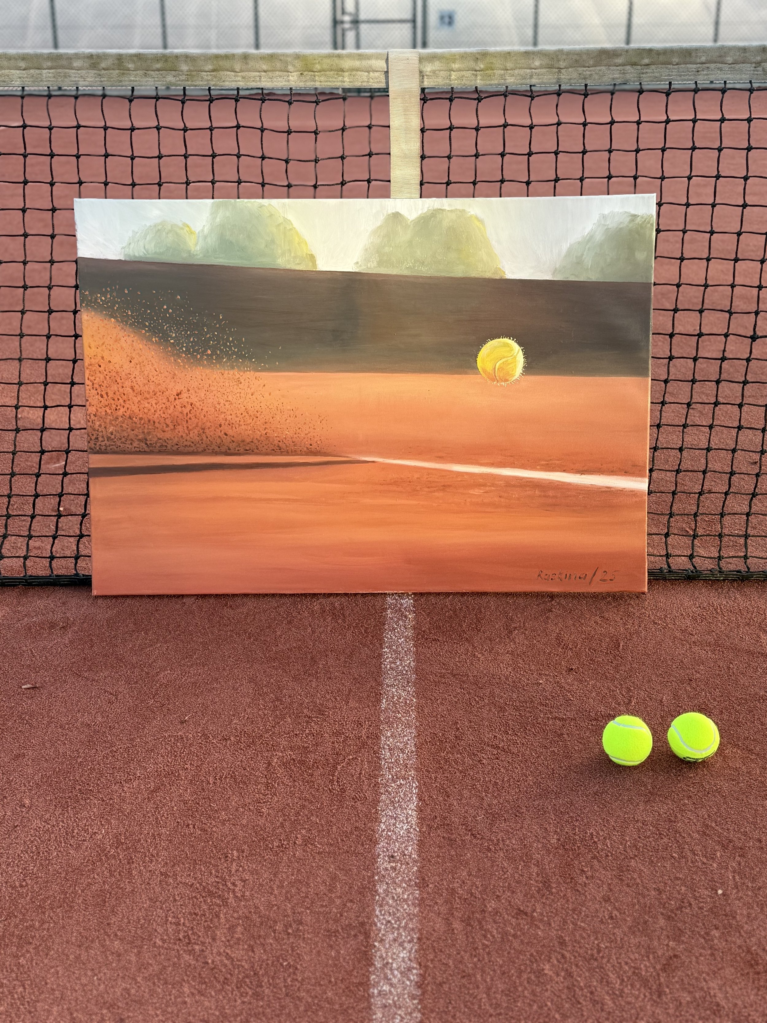 A Bounce on Clay, oil painting by Maria Raskina displayed on a clay tennis court