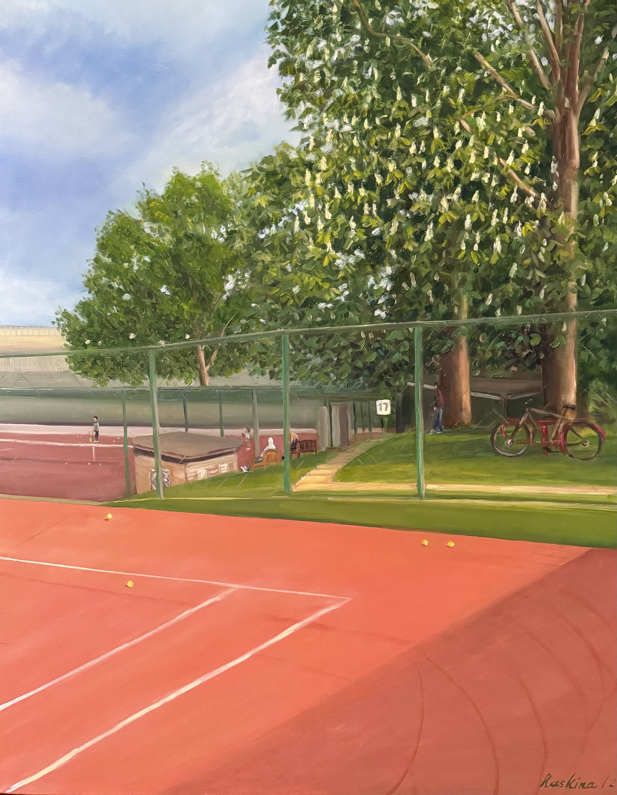 Court 17 in May, an original oil painting by Maria Raskina of a tennis court beneath flowering chestnut trees