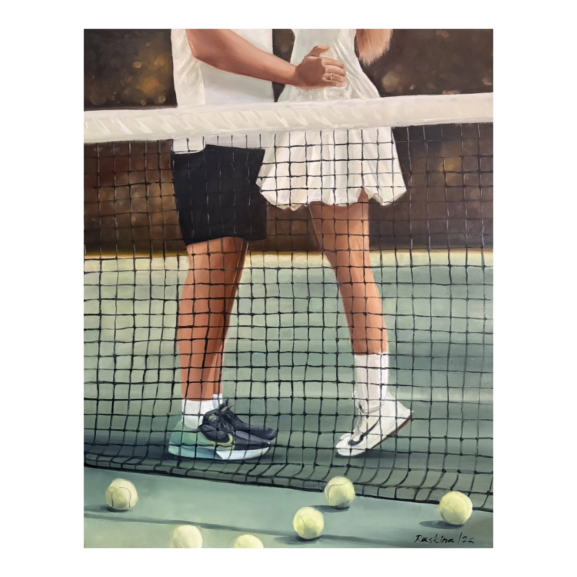 Detail of two tennis players embracing across the net in A Shared Moment