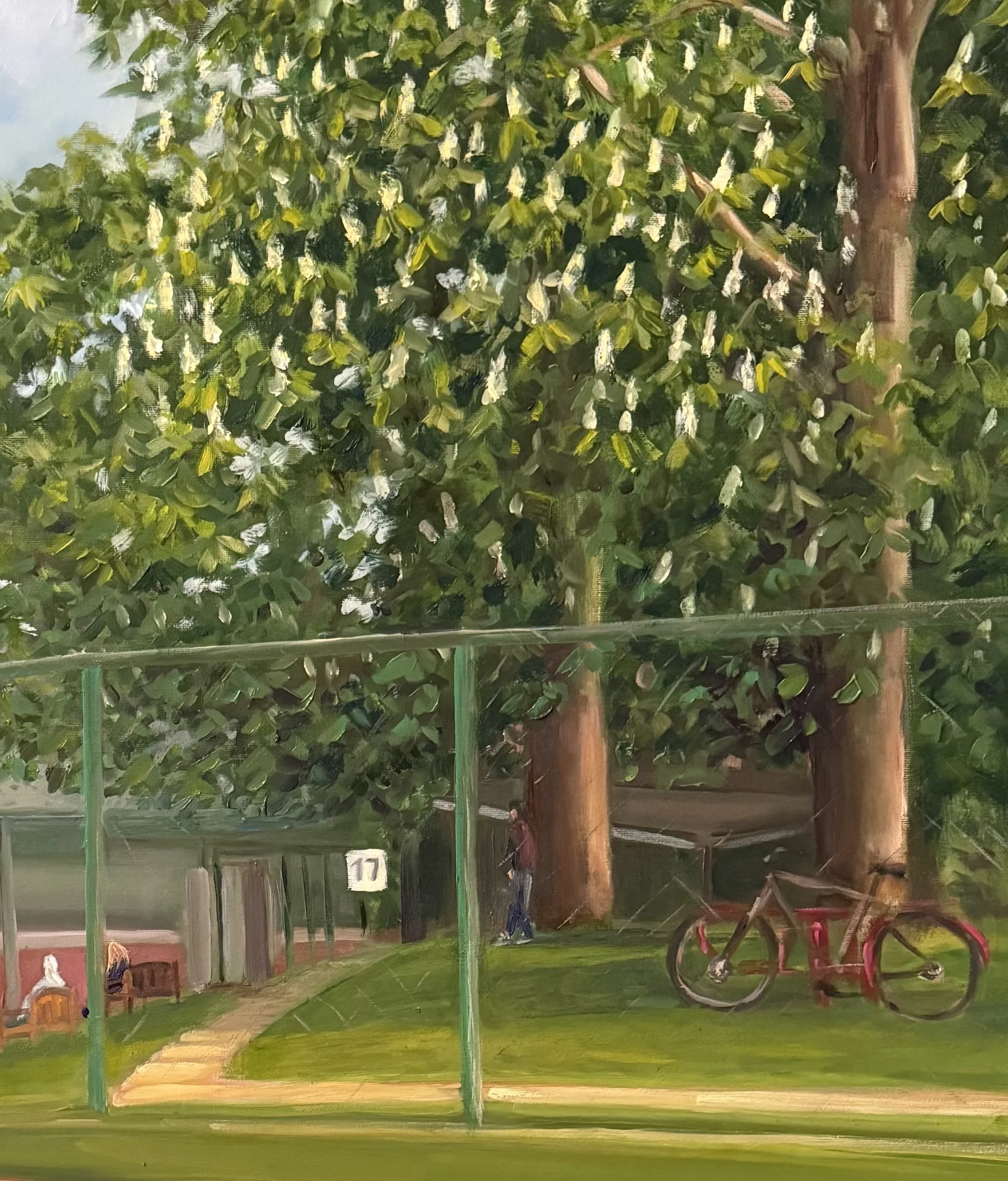 Close-up of flowering chestnut trees and expressive brushwork in Court 17 in May