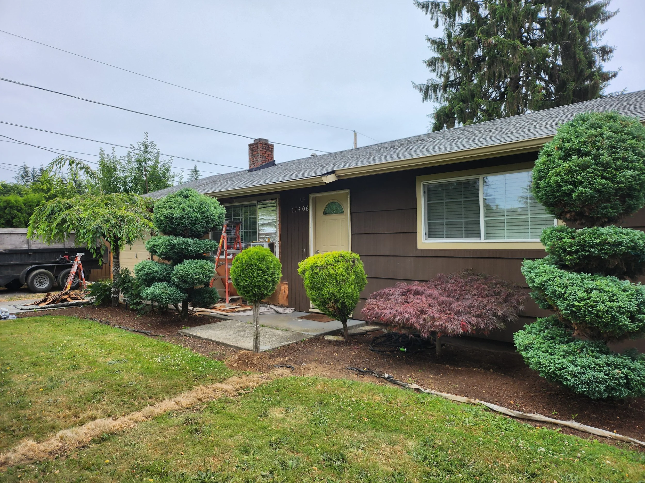 Front yard of a house with various trimmed bushes, a small tree, a ladder, and gardening tools near the house entrance. The house has a brown exterior with white trim and large windows, and the sky is cloudy.