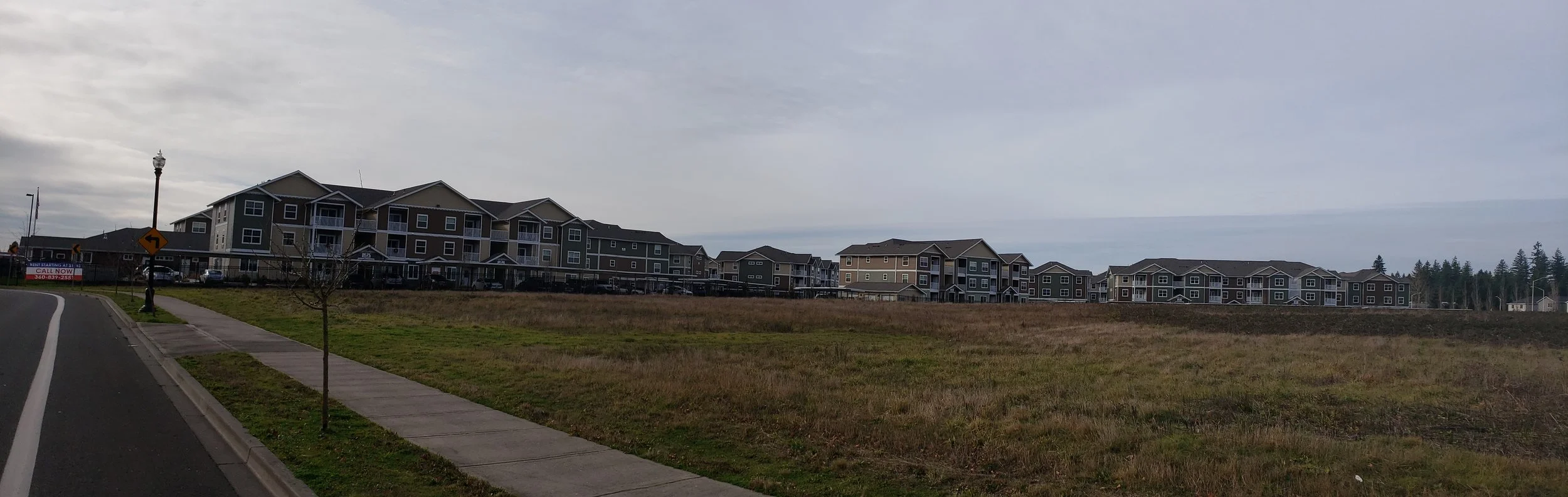 A residential area with multiple multi-story apartment buildings along a grassy field, under an overcast sky, with a sidewalk, a streetlight, and a street visible in the foreground.