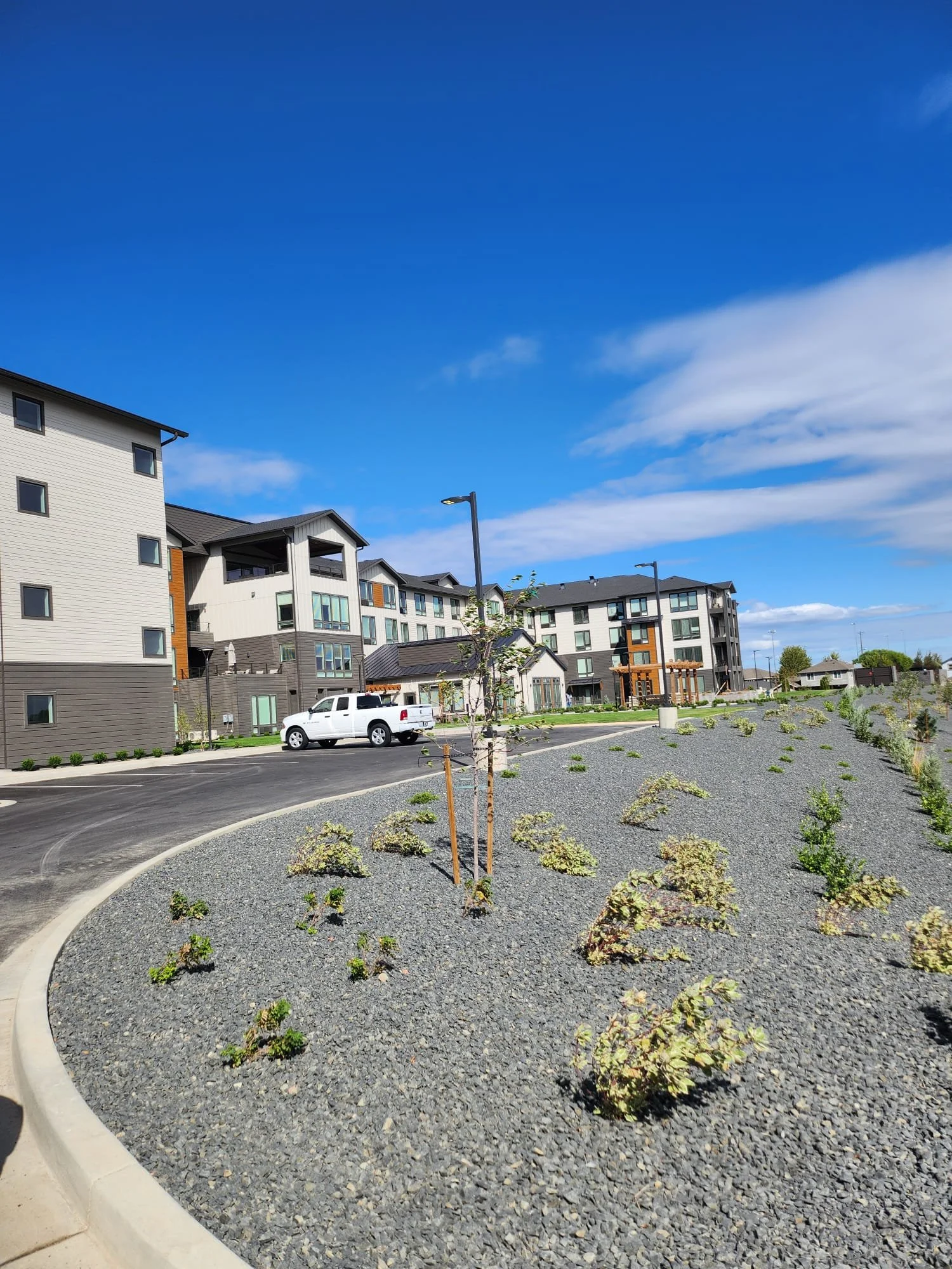 A residential neighborhood with modern multi-story apartment buildings, a parking lot with a white pickup truck, young trees, small shrubs, and a landscaped area with gravel and plants under a blue sky with some clouds.