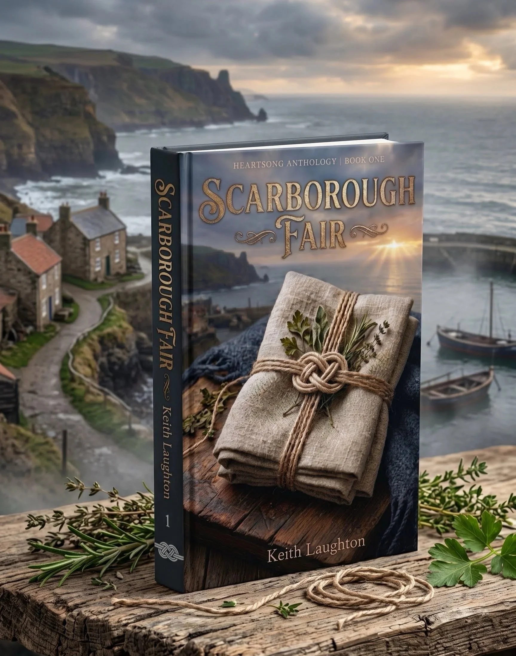 A book titled "Scarborough Fair" by Keith Laughton standing upright on a weathered wooden surface outdoors. In front of the book, there is a small, wrapped bundle tied with twine, adorned with sprigs of greenery. The background features coastal cliffs, houses, and the ocean under a cloudy sky with the sun peeking through.