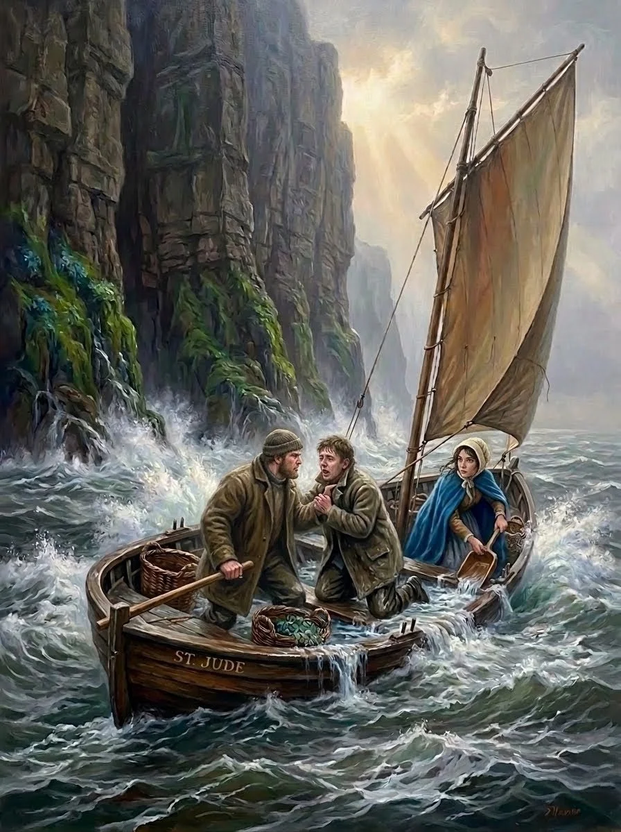 A painting of three people in a small boat named 'St. Jude' during a stormy sea near high cliffs. Two men are arguing or pleading, while a woman in a blue cloak holds a paddle.