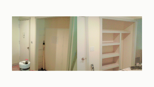 Before and After: Before: construction of Custom closet system built-in shelves 