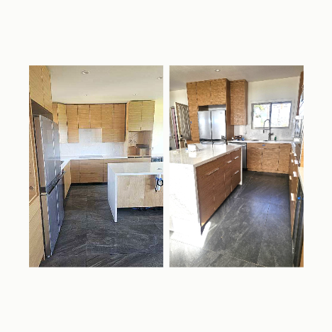 modern Kitchen Remodel and Install with custom kitchen cabinets, granite waterfall countertop and backsplash, tile floors, stainless steel fixtures and appliances