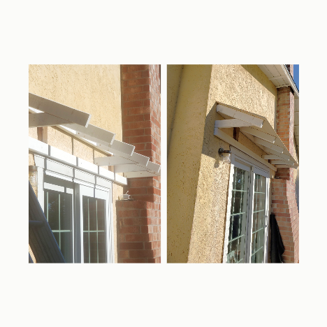 Before and After:  house exterior patio door wood awning custom construction, carpentry and installation. 