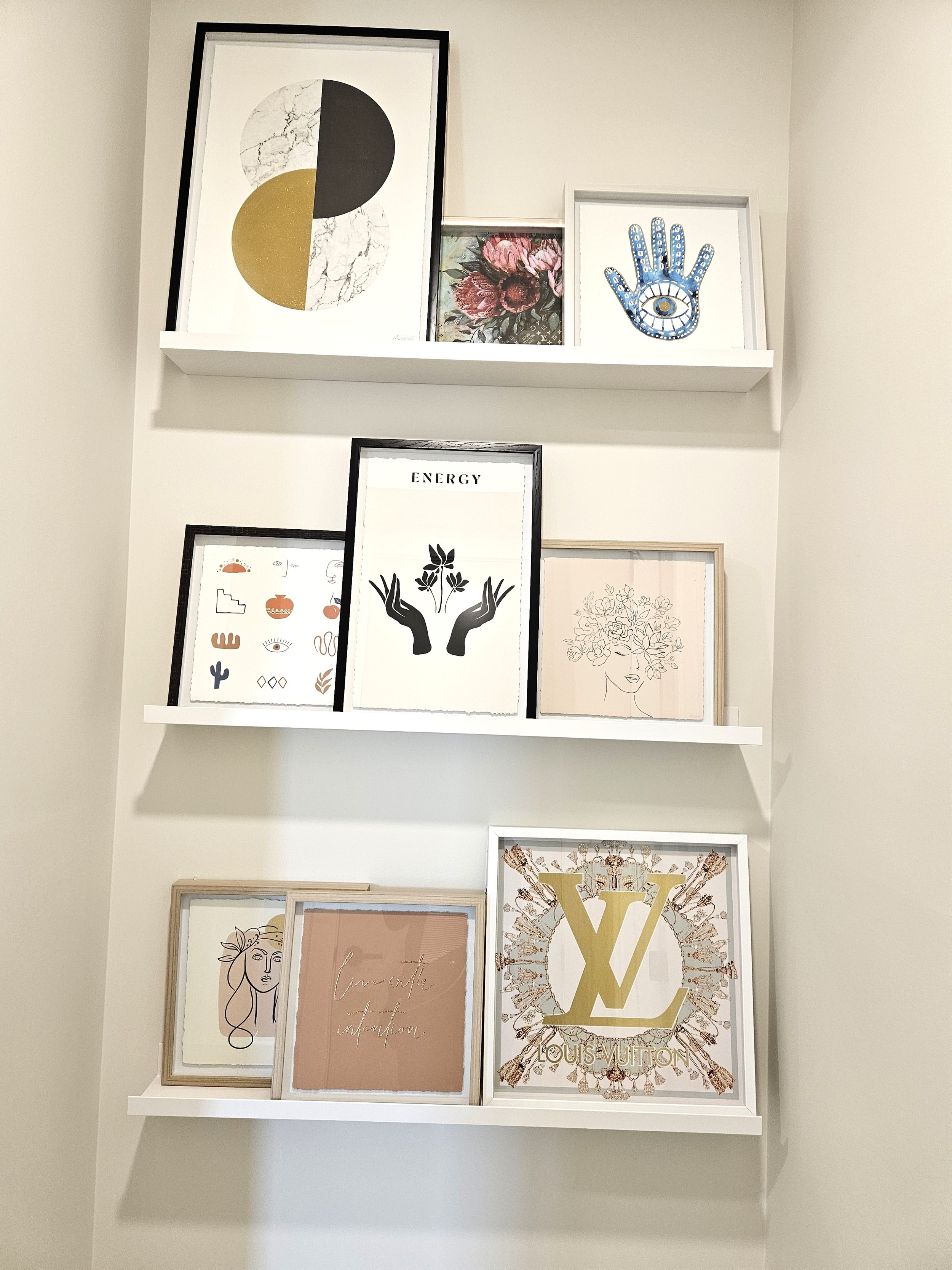 hang shelves, art, photos