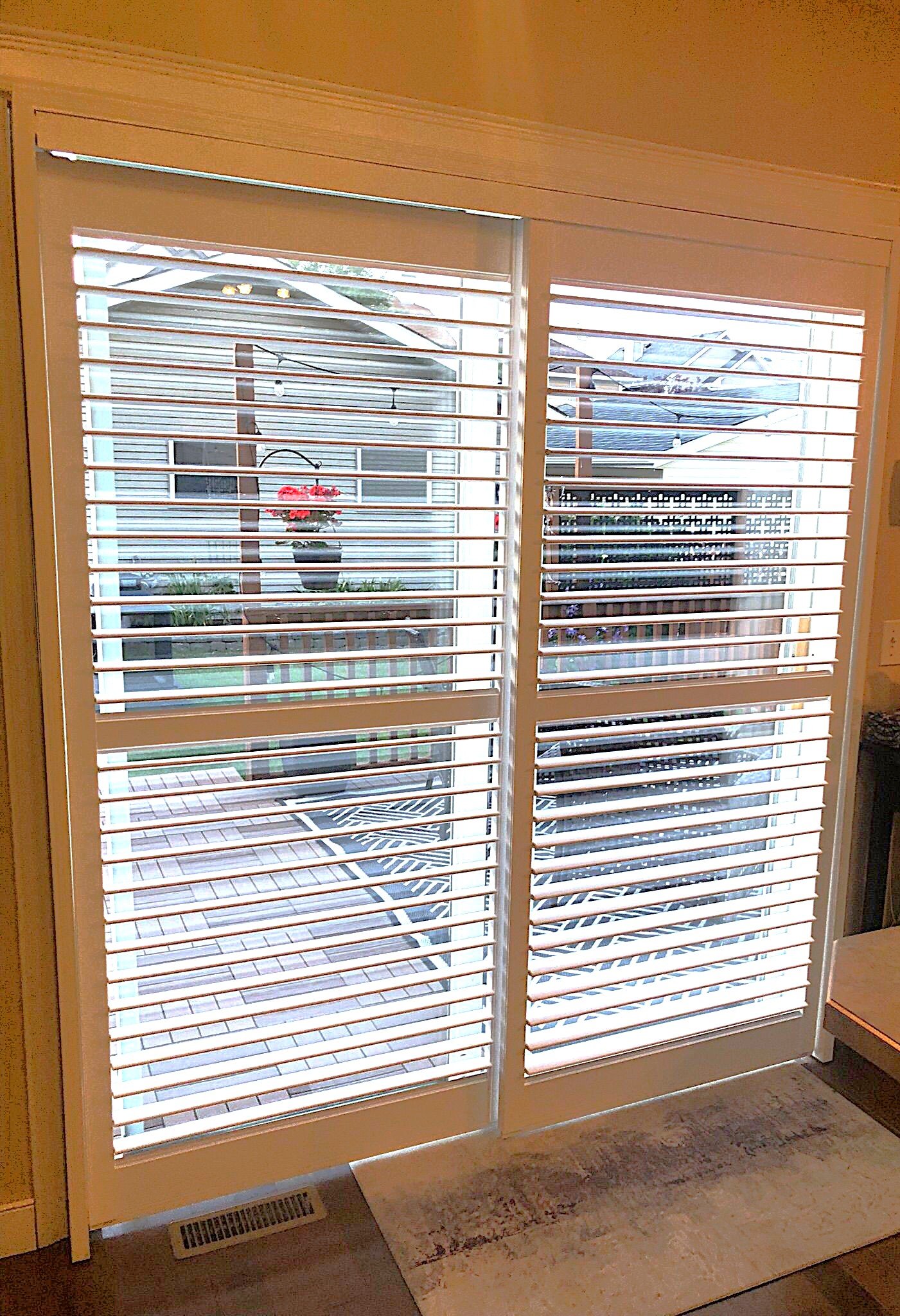 Patio white sliding door shutters install
