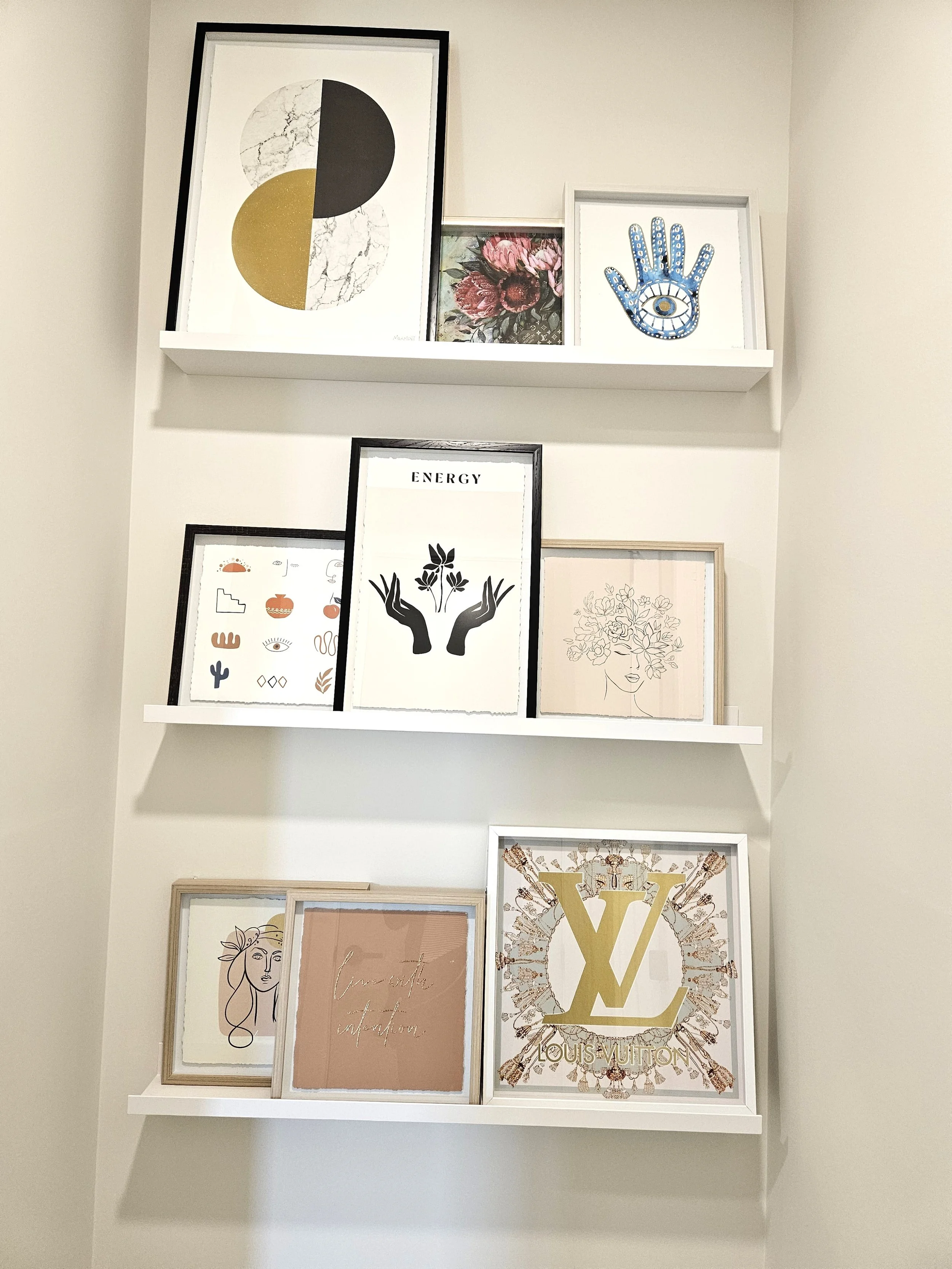 hang shelves, art, photos