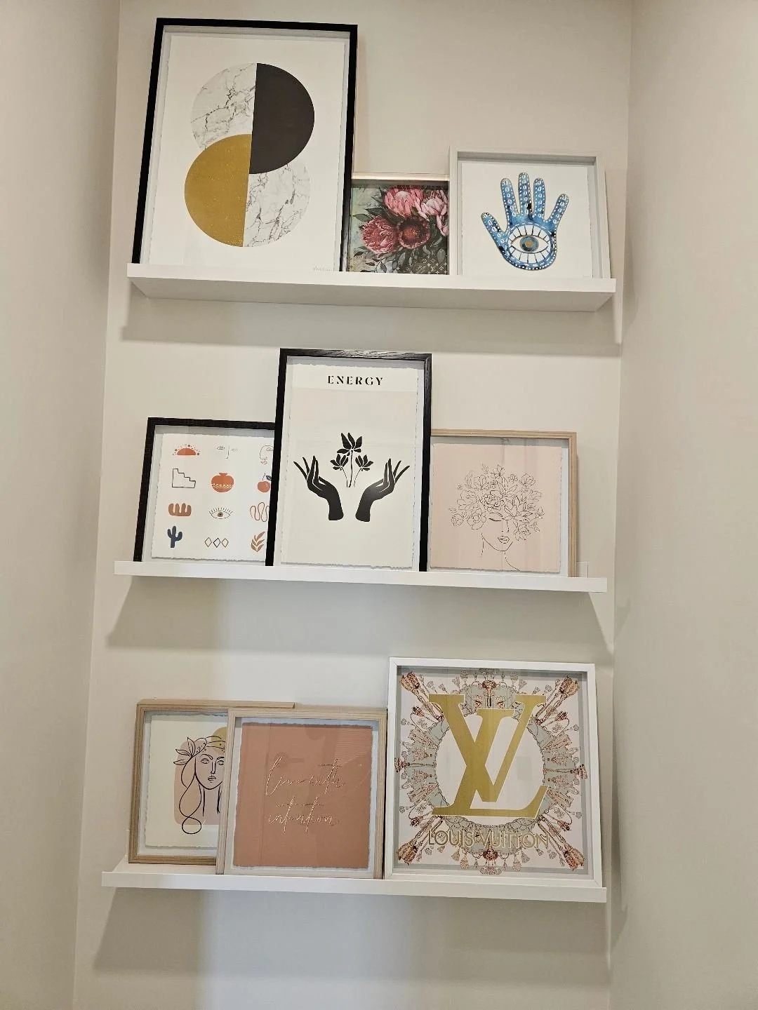 hang shelves, art, photos
