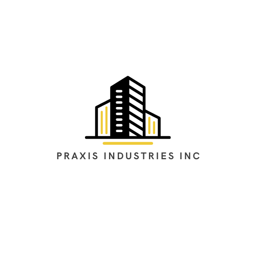Logo of Praxis Industries Inc featuring a stylized building illustration in black and yellow with the company name underneath.