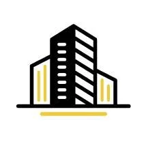 Line drawing of a modern multi-story building with vertical and horizontal lines, outlined in black and yellow accents.