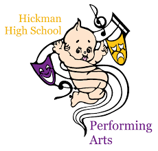 Logo of Hickman High School Performing Arts featuring Kewpie holding music notes and theatrical masks.