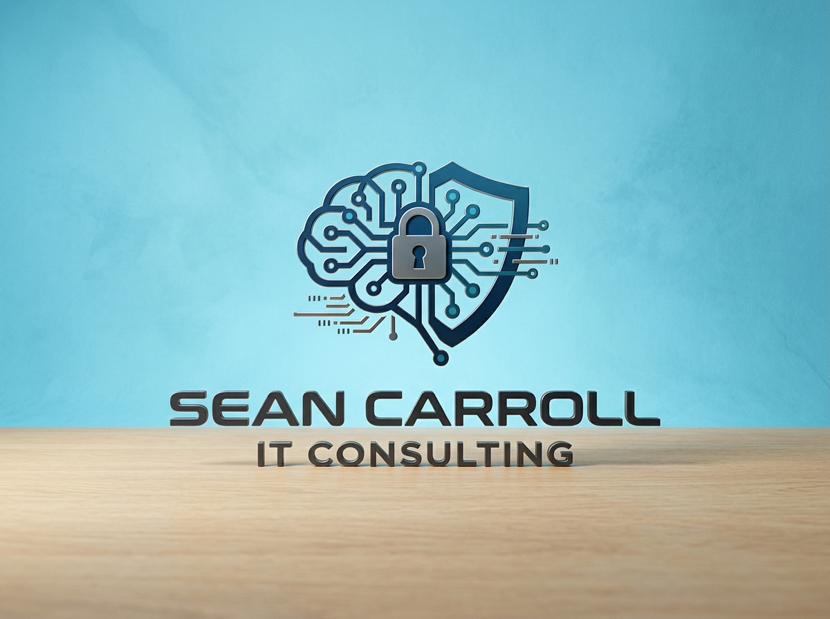 Logo with a brain and shield with a padlock, text reading 'Sean Carroll IT Consulting' on a light wood surface with a blue background.