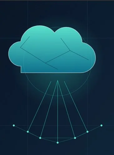 Cloud icon with lines connecting to smaller dots below, representing cloud computing or data transfer.