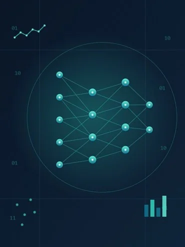 Digital network graph with interconnected nodes inside a circular boundary, accompanied by data points and bar graph elements on a dark background.
