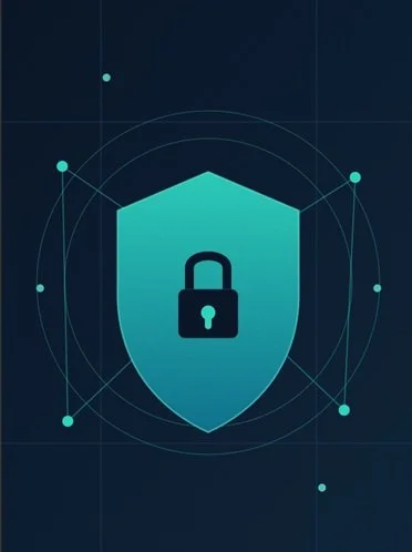 Digital security illustration with shield and padlock icon.