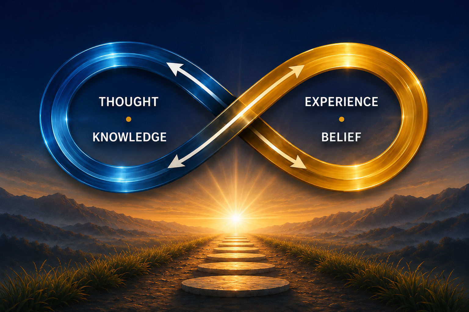 Illustration of a double infinity loop with the words 'Thought' and 'Knowledge' inside the blue loop and 'Experience' and 'Belief' inside the gold loop. The loops are set against a scenic sunrise or sunset background with mountains and a stone pathway.