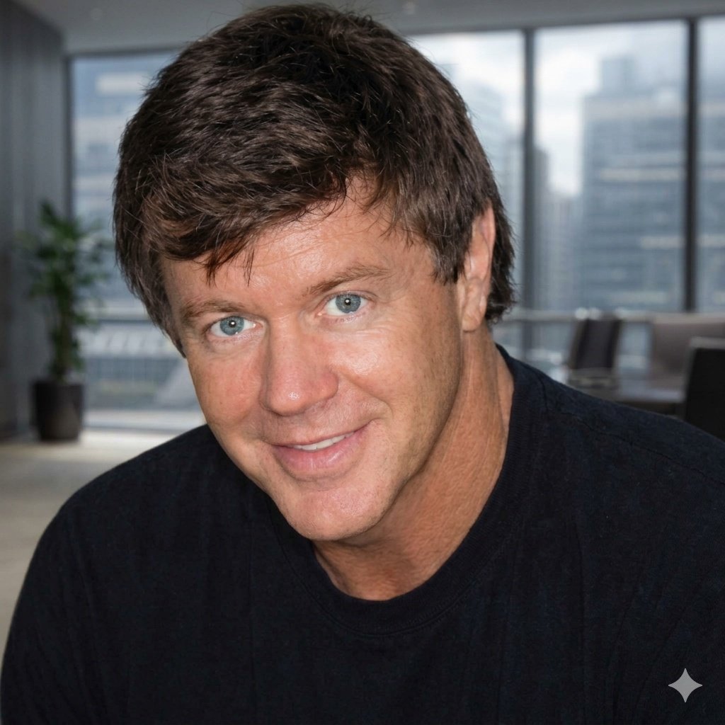 A man with brown hair and blue eyes smiling, wearing a black shirt, in an office with large windows and city buildings in the background.