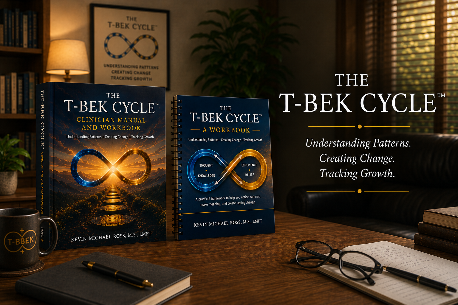 Promotional display of two books titled 'The T-Bek Cycle' on a wooden desk, with a background featuring a wall with a framed poster, a lamp, and a window with blinds. The left book is a manual and workbook, and the right book is a standalone workbook. A mug with the T-Bbek logo, a notebook with a pen, a pair of glasses, and a stack of books are also on the desk.