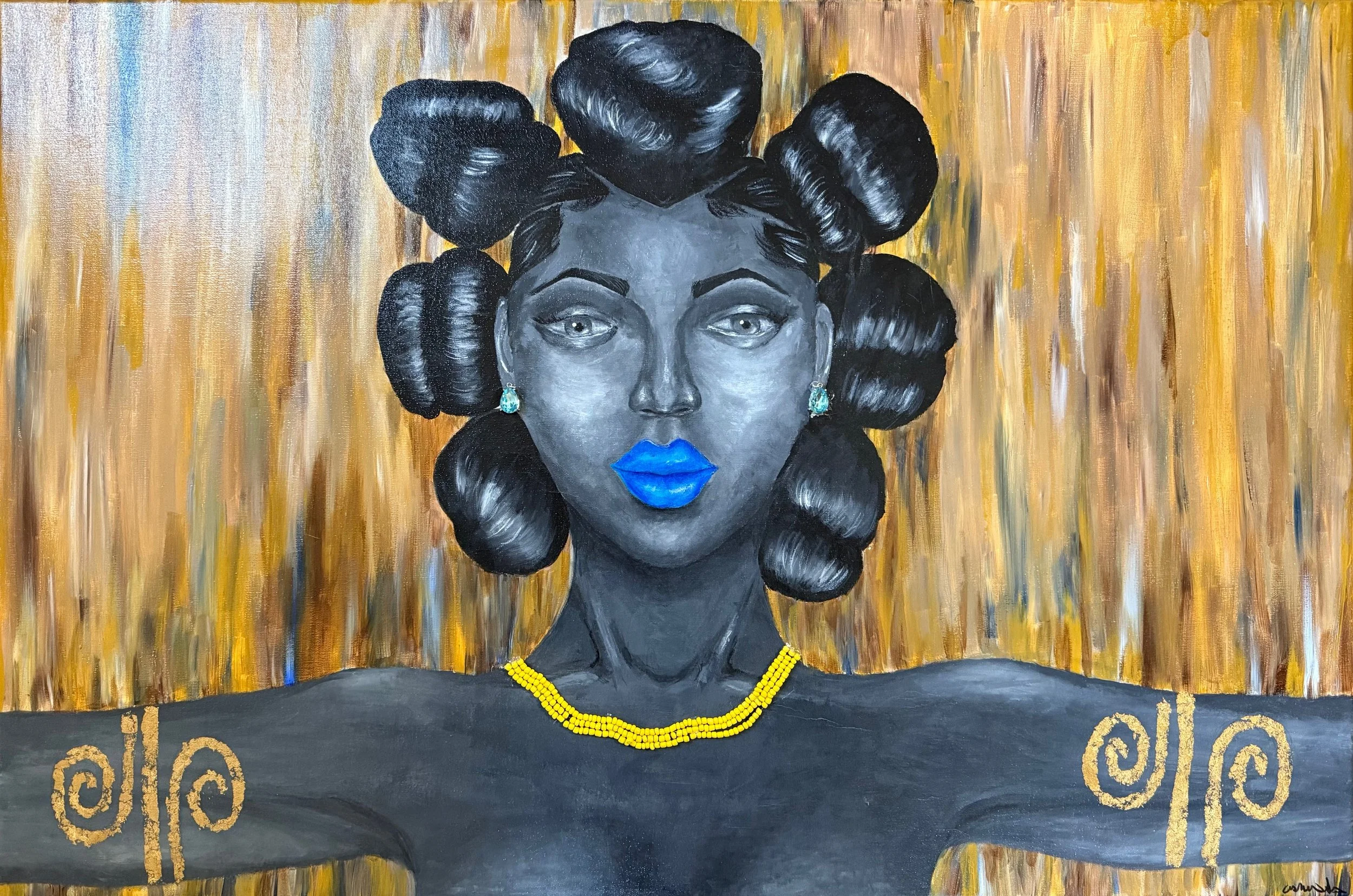 Slay through the bantu knots, 2022
Acrylic paint, gold foil, and beaded jewels on canvas  - 24 x 36 inches

